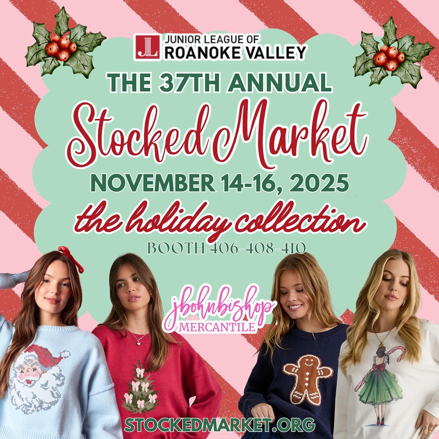 Our BIGGEST event of the year is THIS weekend! 

It&rsquo;s the 37th Annual Stocked Market, the Junior League of the Roanoke Valley&rsquo;s signature fundraiser and the official launch of our holiday collection!

Friday, November 14
8am-11am &bull; P