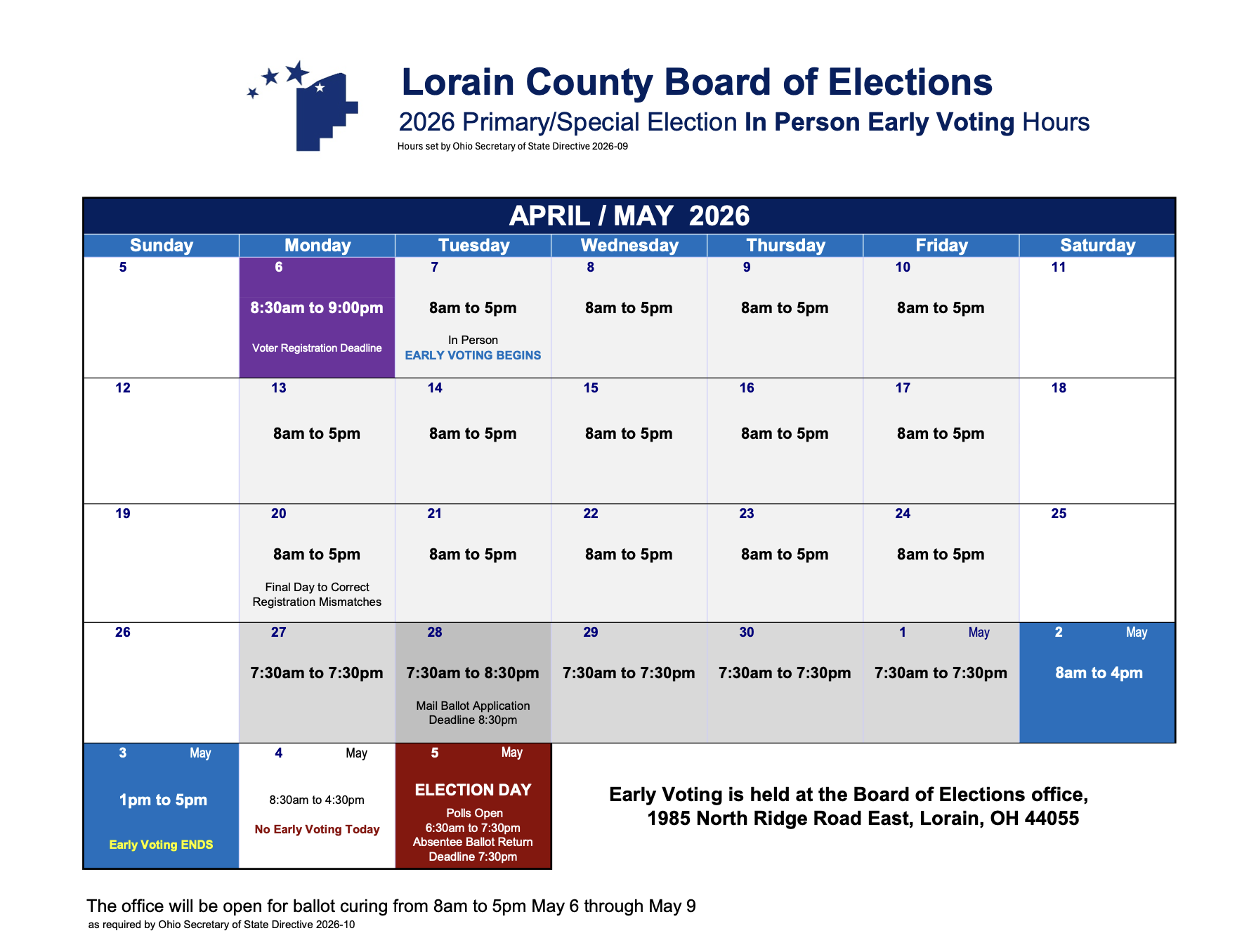 Lorain County Board of Elections calendar for April and May 2026, showing in-person early voting hours, deadlines, and election day details, with a logo at the top left.