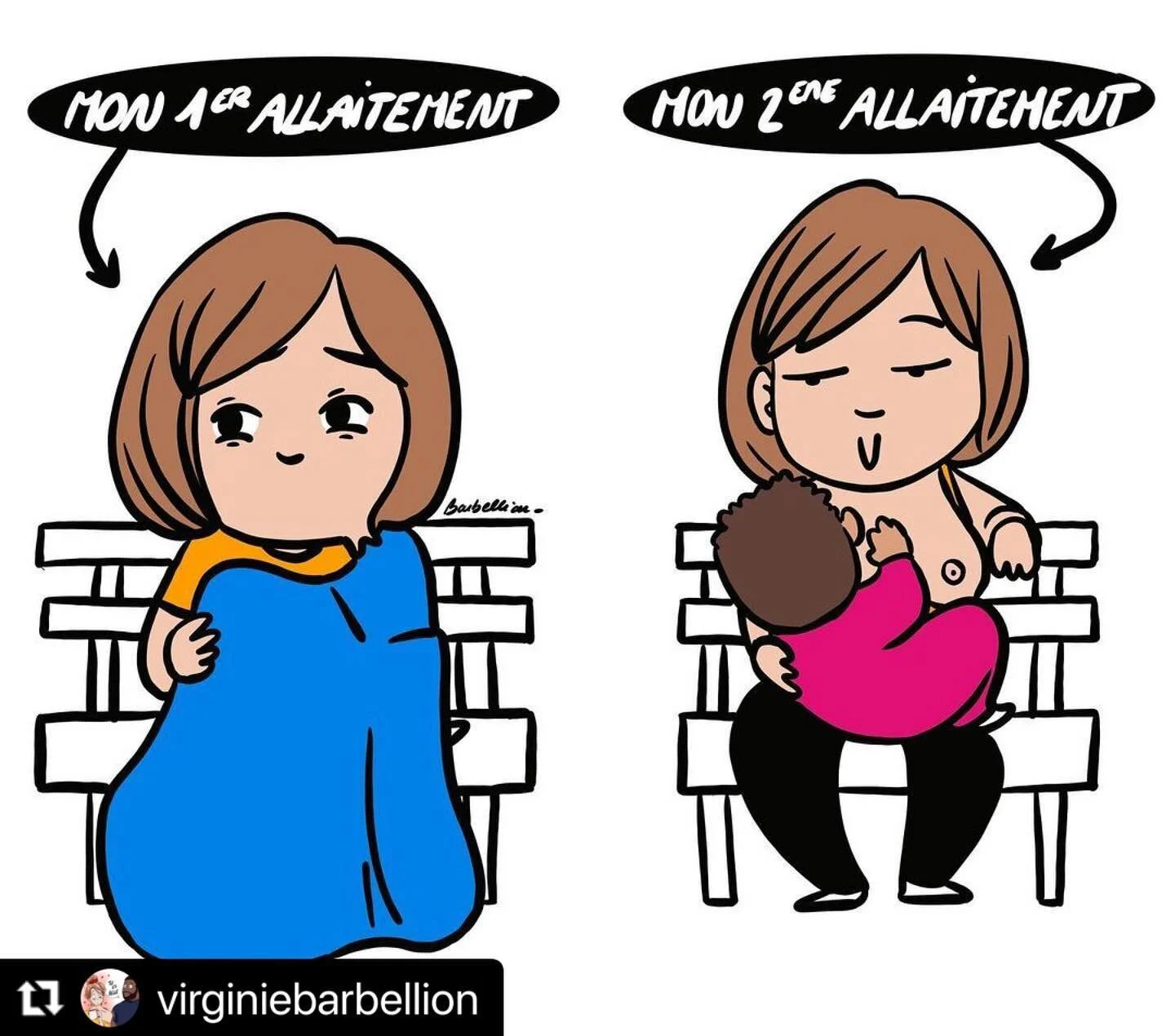 1er allaitement versus 2eme allaitement. 
.
Deux salles, deux ambiances 🤣
.

. Et toi mum plut&ocirc;t team discr&egrave;te ou &agrave; l&rsquo;aise ? 
. 
#Repost @virginiebarbellion 
・・・
#allaitement #b&eacute;b&eacute; #bambin #illustration #illus