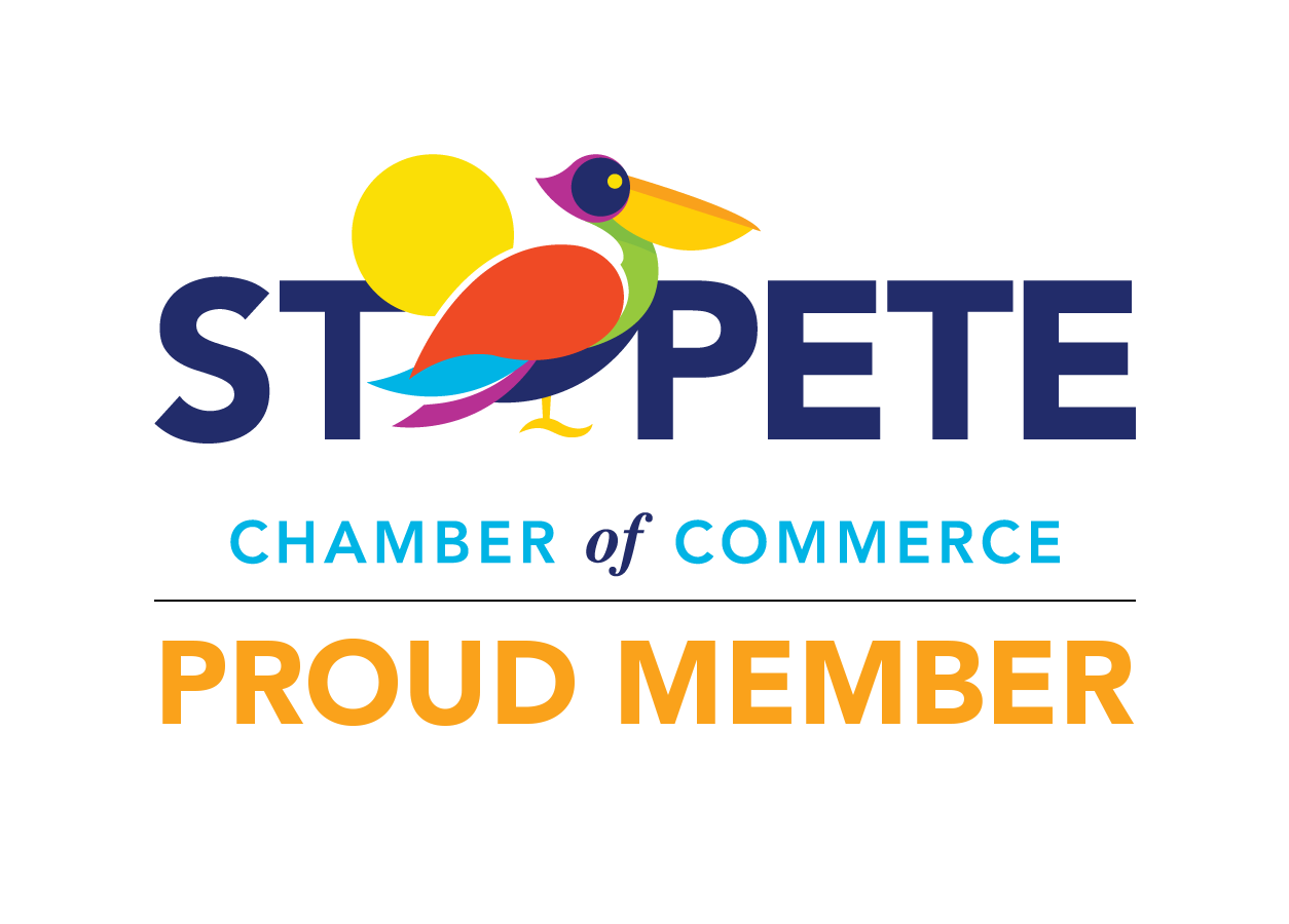 Logo of St. Pete Chamber of Commerce featuring a colorful bird and the words "St. Pete Chamber of Commerce Proud Member".