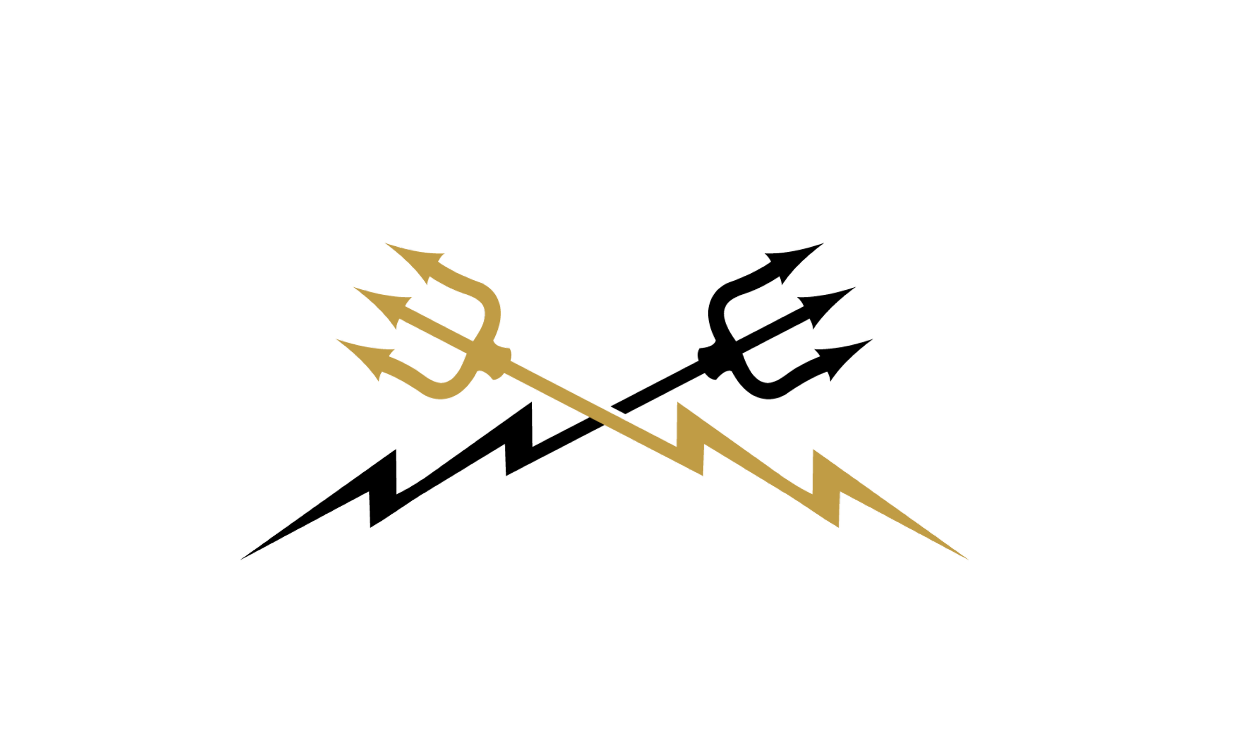 A black background with a gold trident and a zigzagging lightning bolt symbol.