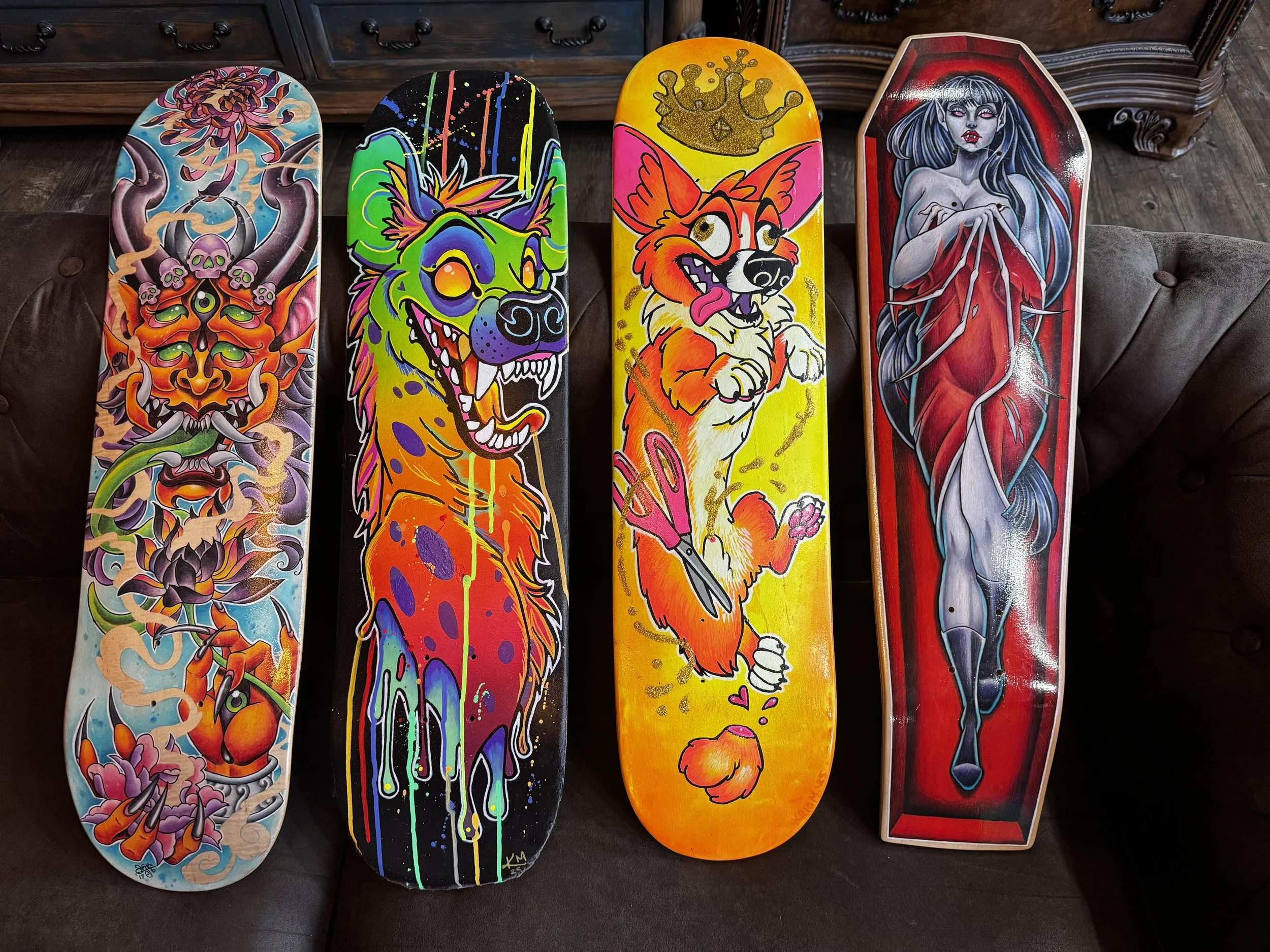 skate decks traditionla art colore dpencil paint acrylic marker posca