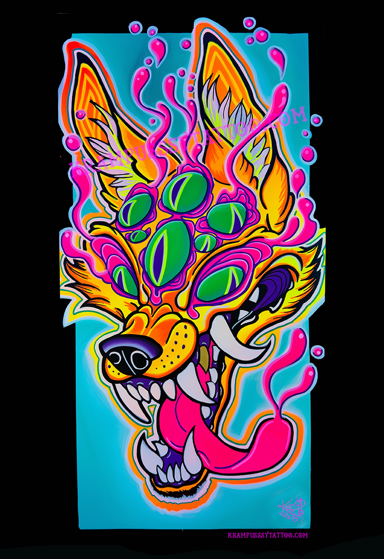 multi-eyed kitsune fox coyote acrylic painting neon 