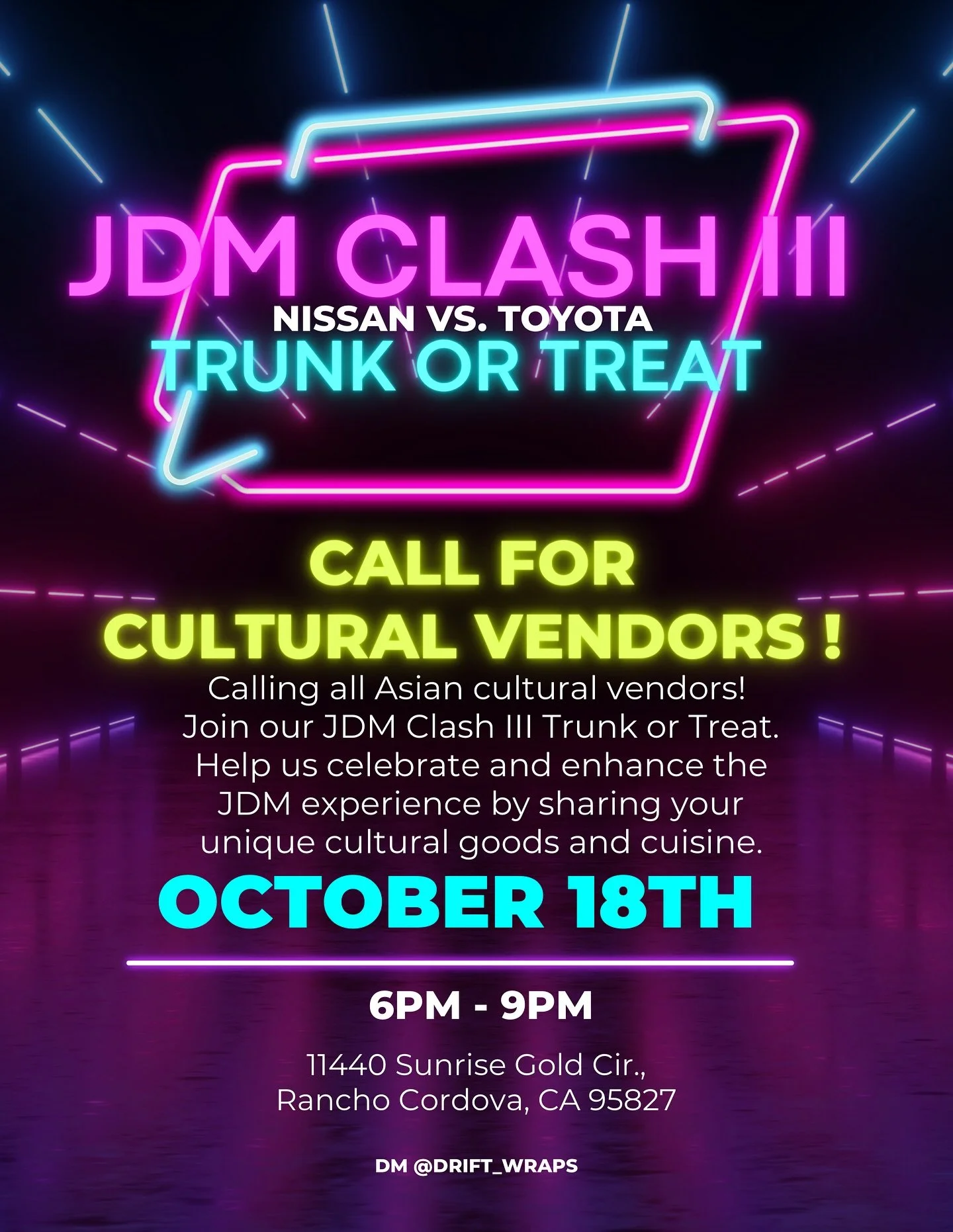 Calling all Asian cultural vendors!
Join our JDM Clash Ill Trunk or Treat.
Help us celebrate and enhance the
JDM experience by sharing your unique cultural goods and cuisine on OCTOBER 18TH! 

Send us a DM while there&rsquo;s still time!