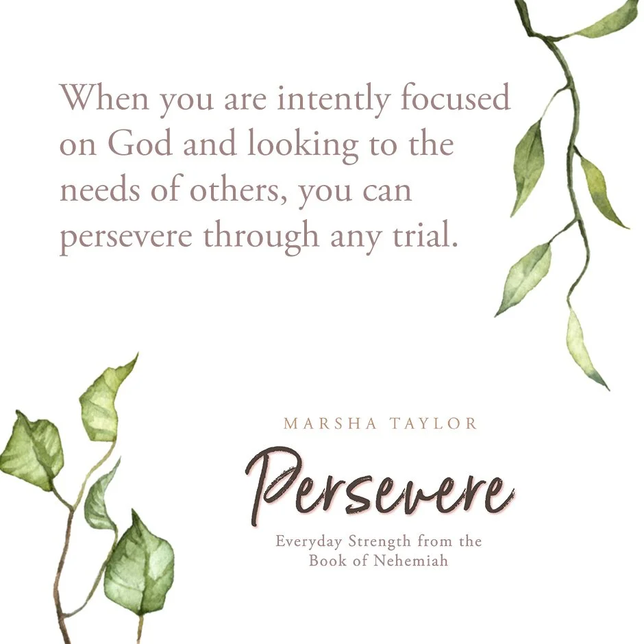 Book cover titled "Persevere" by Marsha Taylor with a quote about faith and perseverance, featuring green watercolor leaves on a white background.