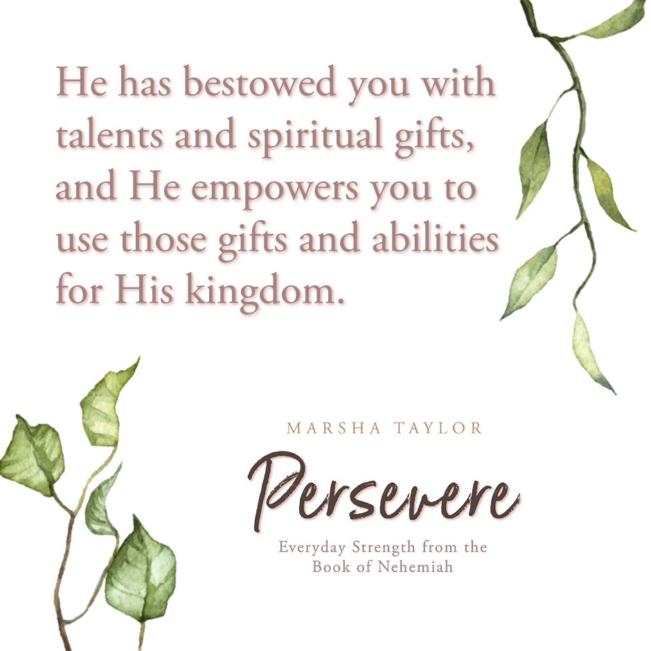 Book cover titled "Persevere" by Marsha Taylor with a quote about spiritual gifts and a background of watercolor green leaves