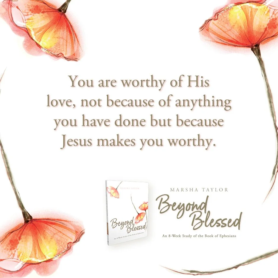 Inspirational book cover with watercolor orange ginkgo leaves and a quote about worthiness and love through Jesus, titled 'Beyond Blessed' by Marsha Taylor.