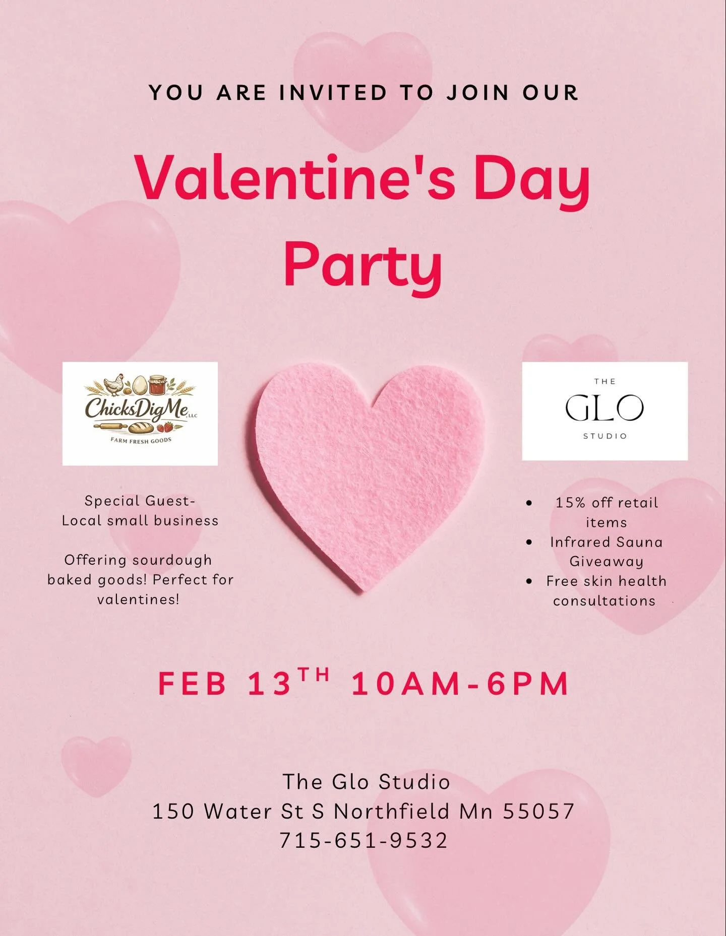 💘 You&rsquo;re invited to our Valentine&rsquo;s Day Party at The Glo Studio!
Join us Feb 13th from 10&ndash;6 for treats from a local small business, 15% off retail, free skin consultations, and an infrared sauna giveaway! ✨
Bring your bestie and co