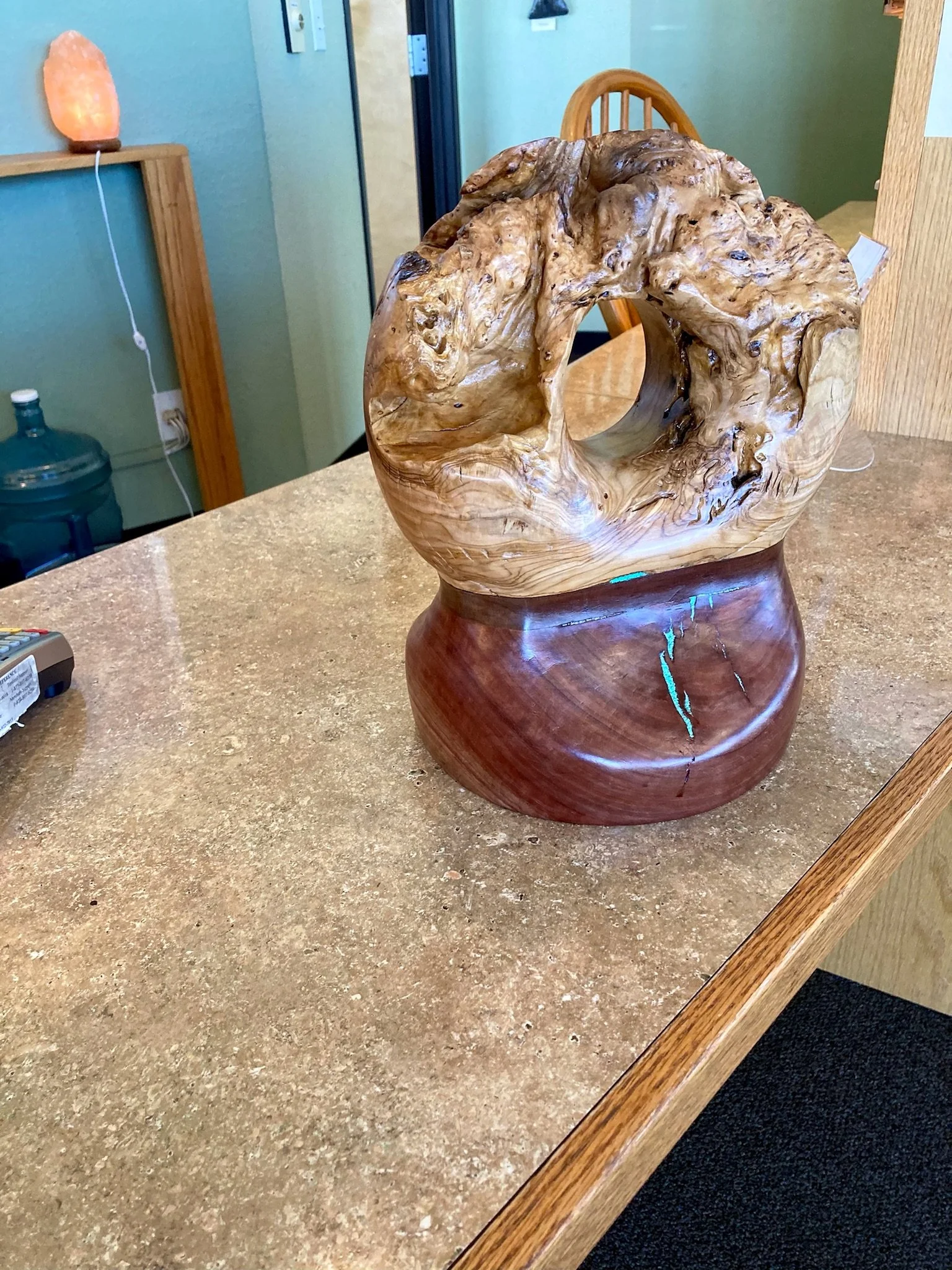 Olive and mesquite with turquoise in the cracks