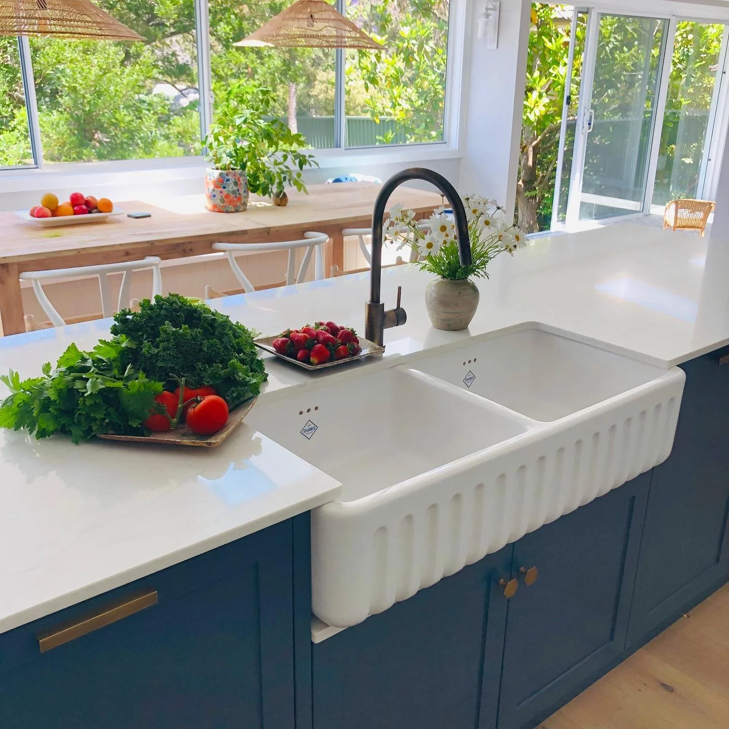 I&rsquo;m completely in love with this beautiful shaws fire clay sink from @restorationonline.com.au I chose the fluted detail for a little extra detail and the perfect tap from @astrawalkerofficial in a custom English brass finish. ❤️ @shawsofdarwen