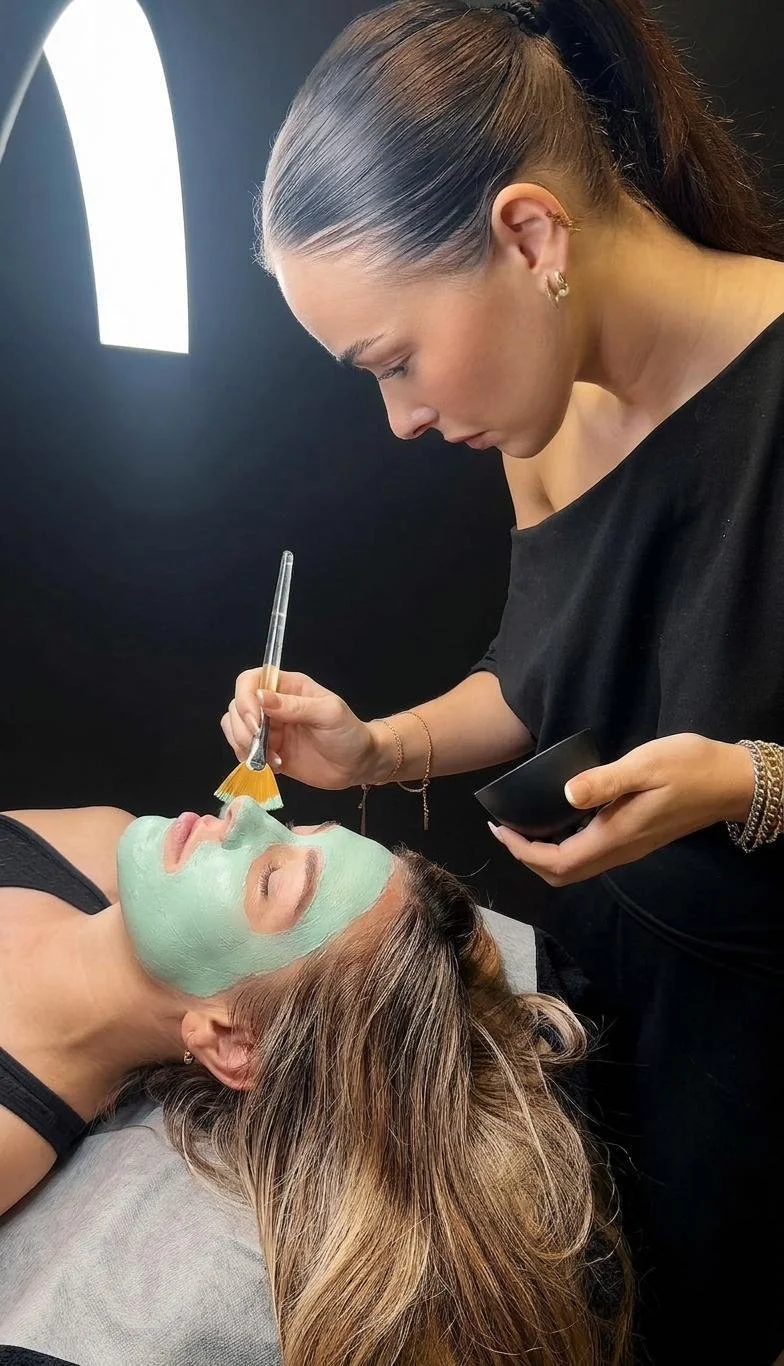 A woman with a black ponytail applying a green facial mask to a woman's face with a makeup brush in a beauty salon or spa.