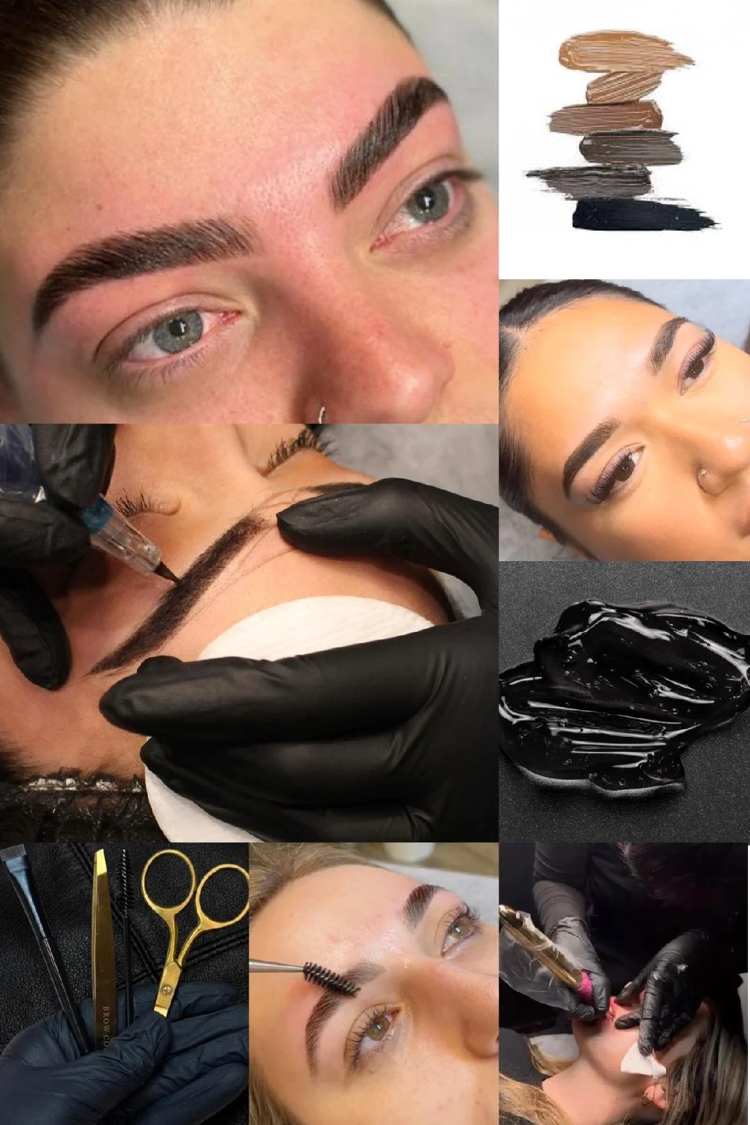 A collage of images showing the process of eyebrow microblading and cosmetic tattooing, including close-up of finished eyebrows, tools used, and the tattooing procedure.