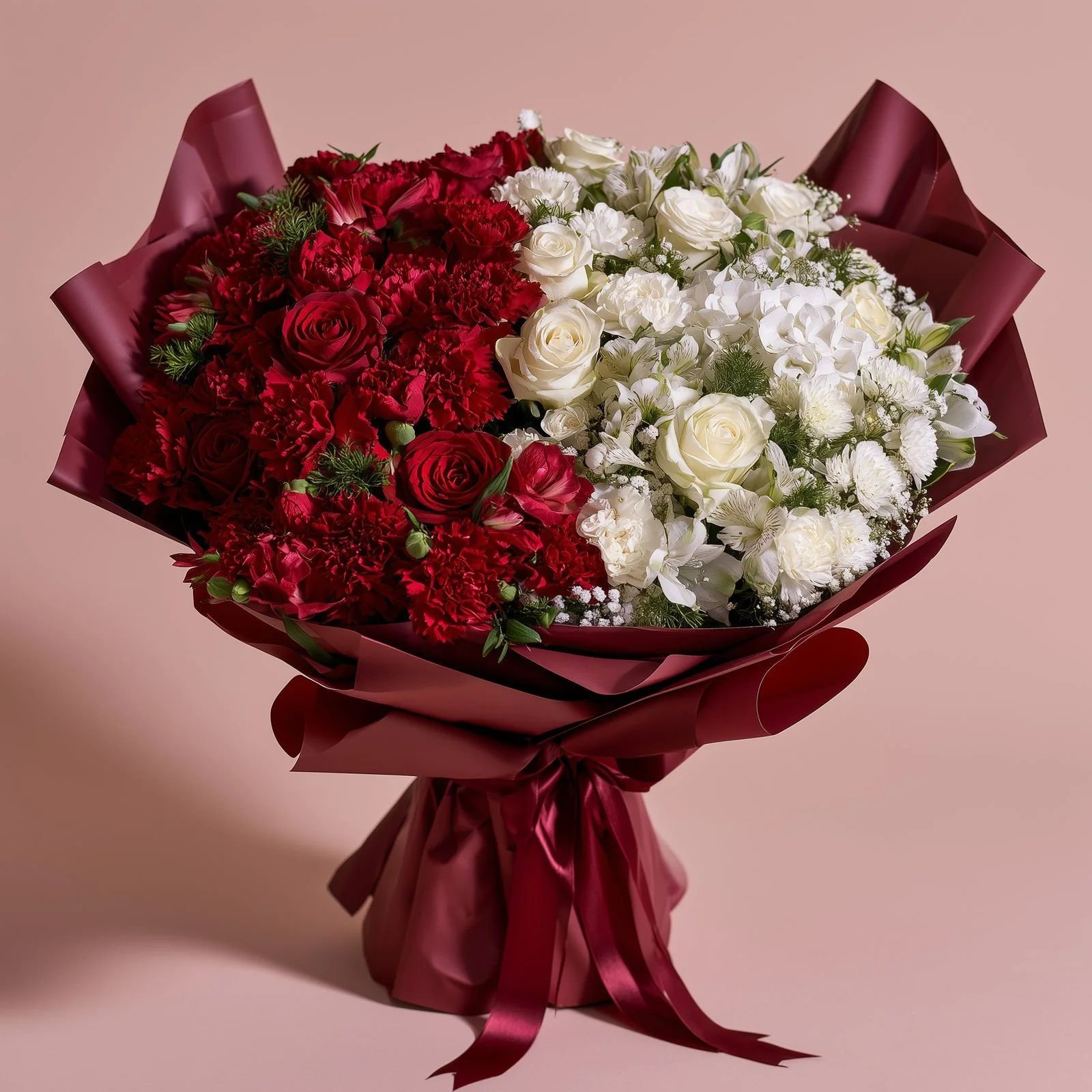 Red and white Yin & Yang mixed flower bouquet with burgundy wrapping and ribbon.