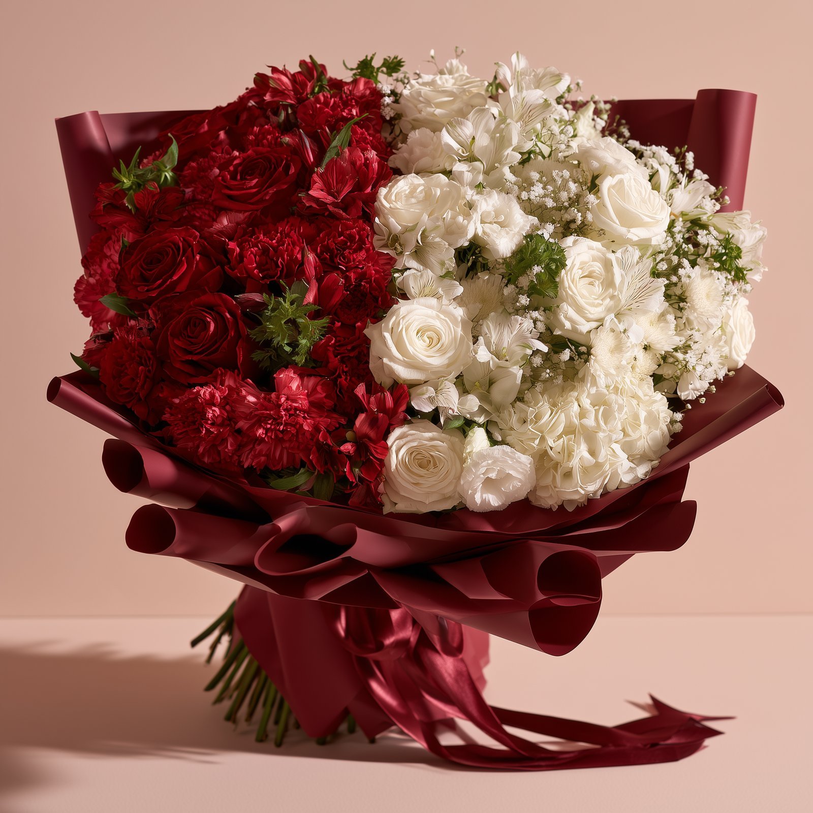 Red and white half-and-half flower bouquet framed by layered burgundy paper.