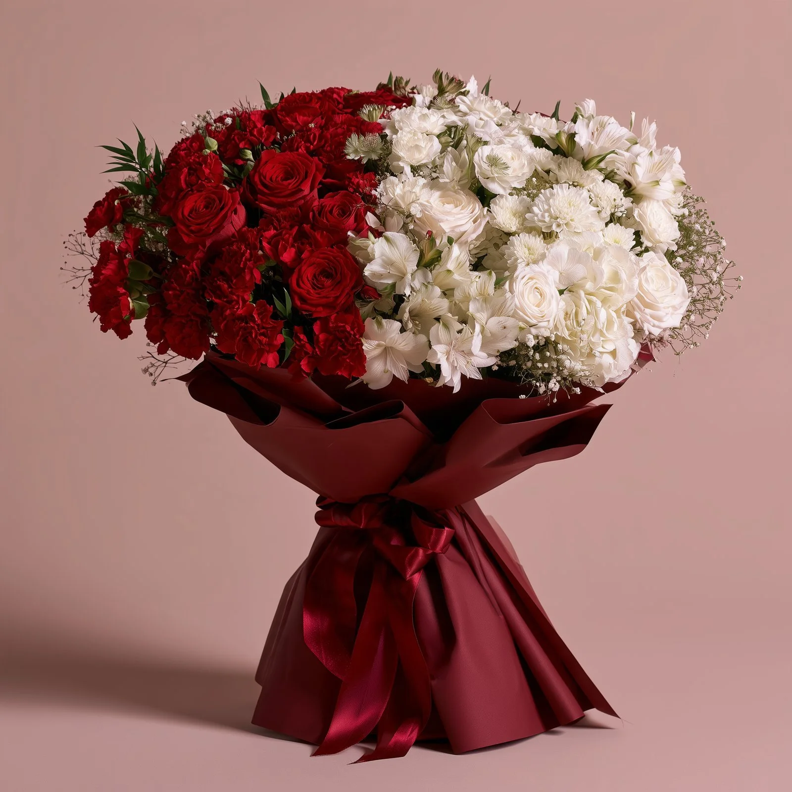Alternate view of the red and white Yin & Yang bouquet with roses and white hydrangea.