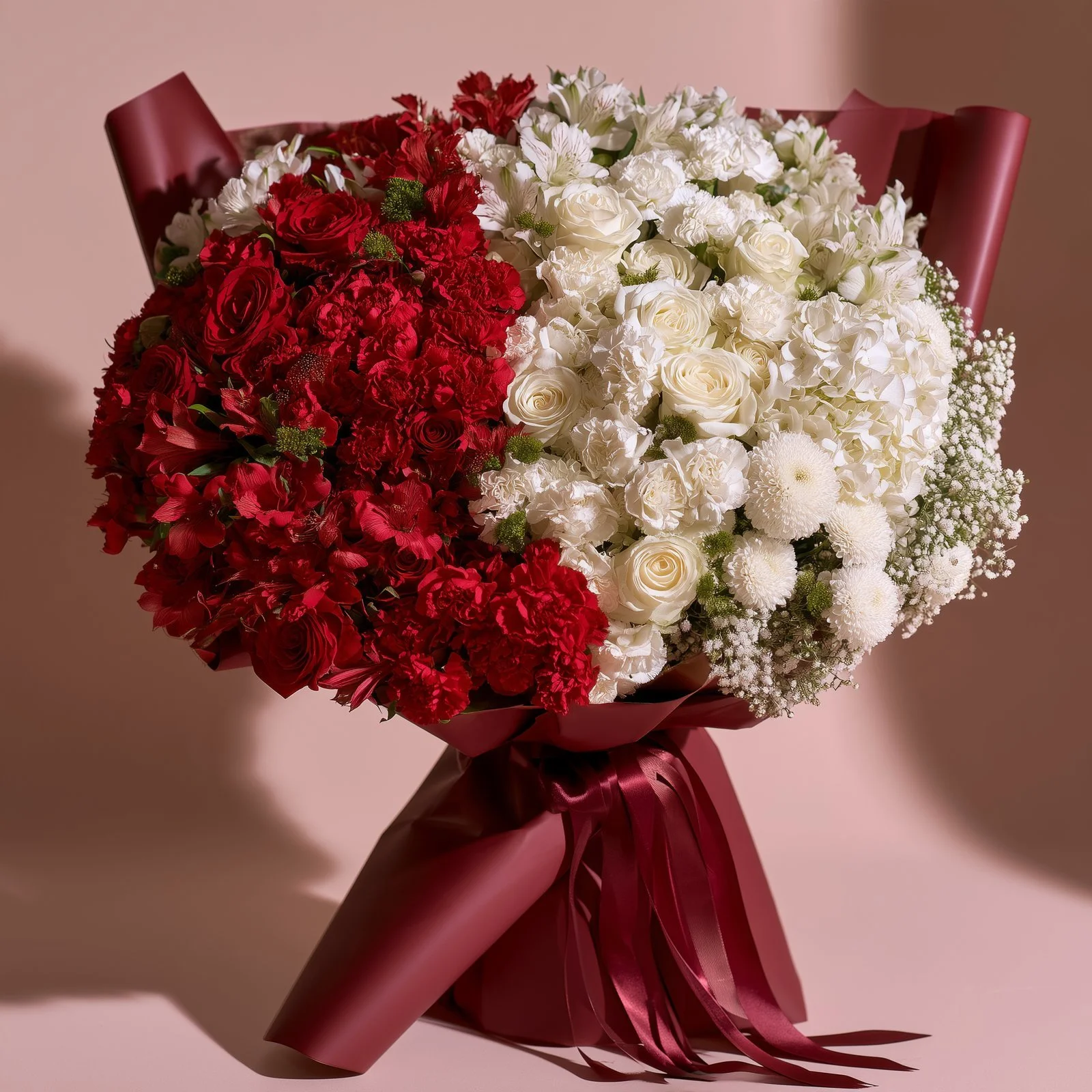 Another view of the red and white Yin & Yang bouquet showing its contrasting flower groups.