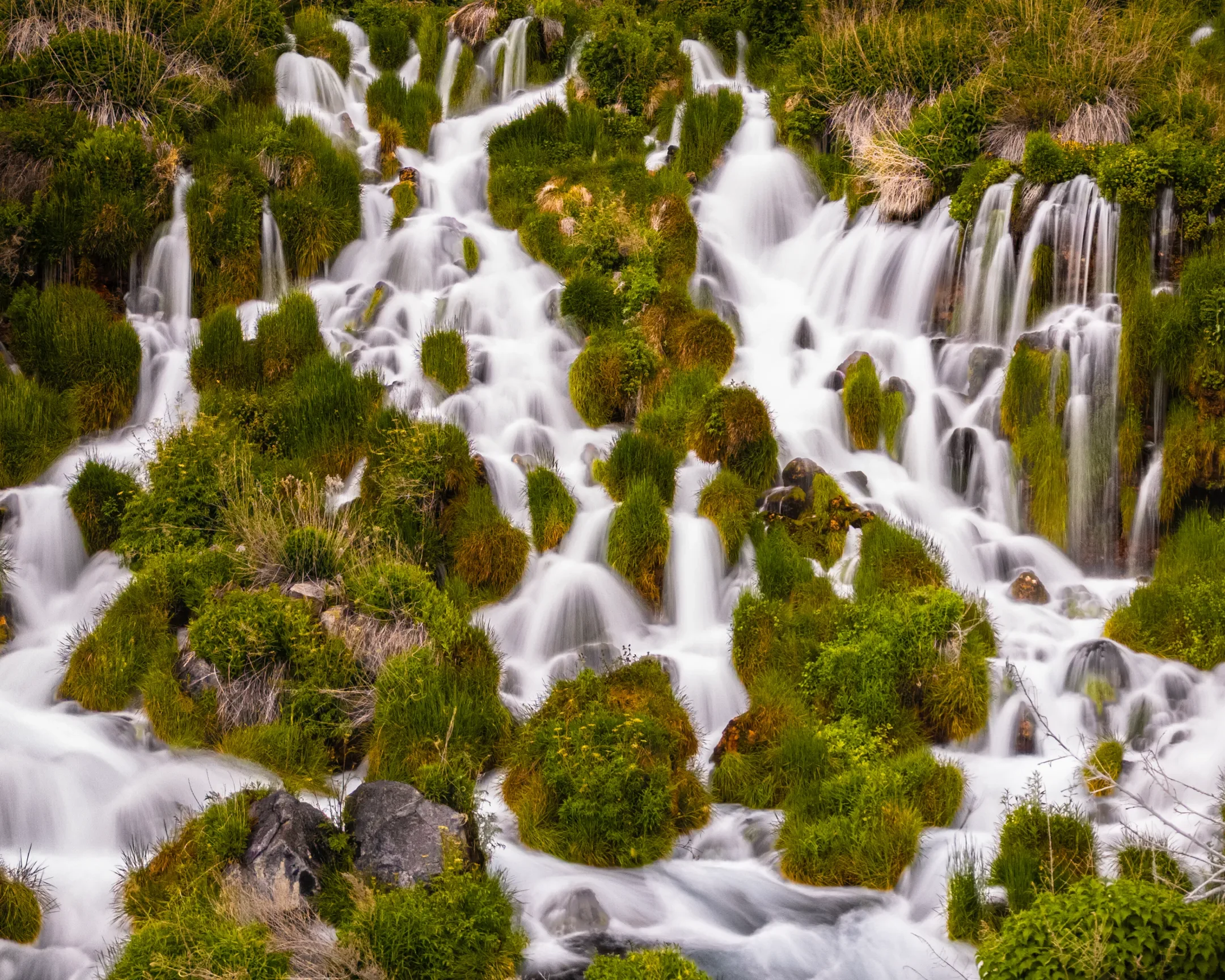 Riley Creek waterfall in Idaho nexst to the Fish Hatchers, featuring a cascading mountain stream flowing over rocks and lush green moss and plants.