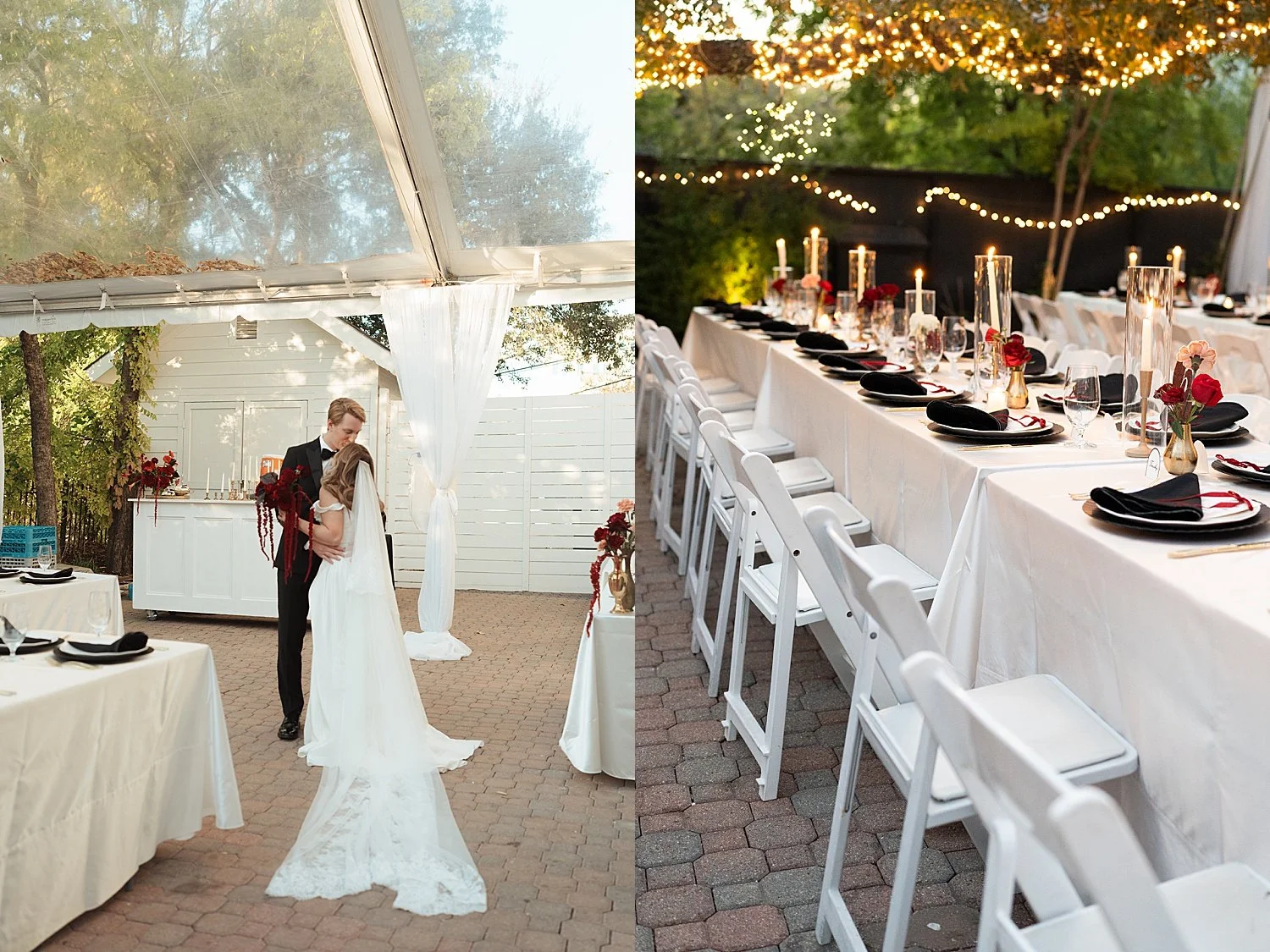  long reception tables set up under tent for phantom-inspired celebration by Jessica Joseph Photography 
