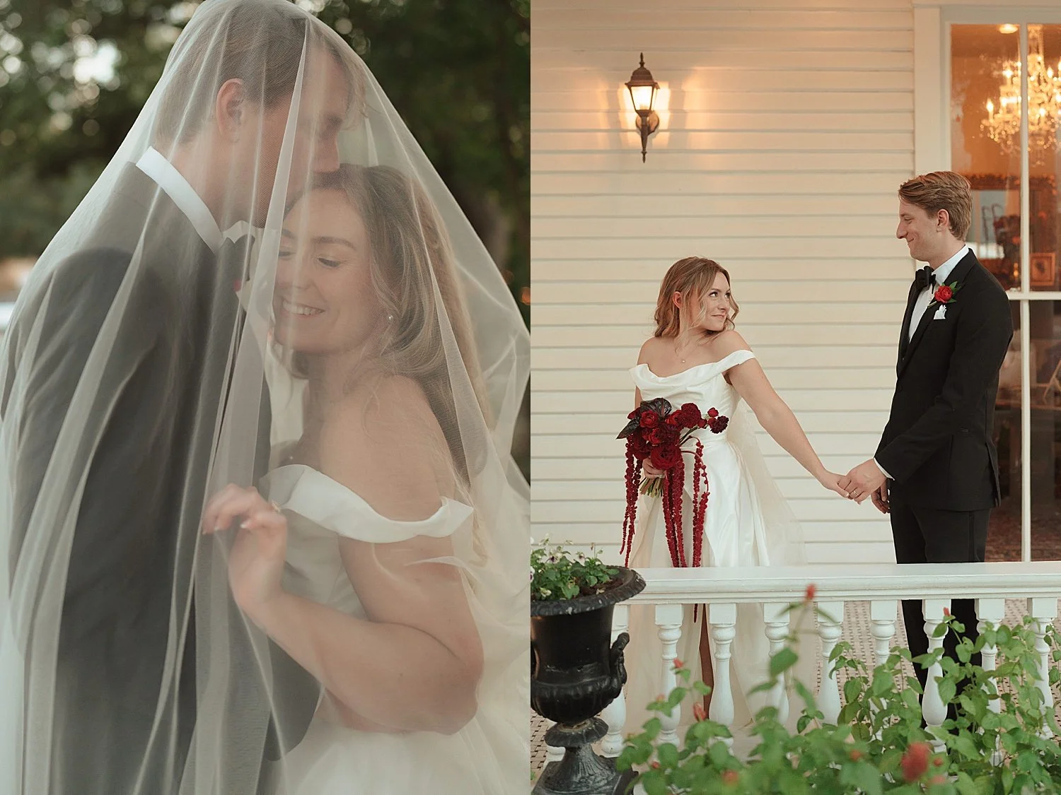  husband and wife smile under her veil at The Allan House 