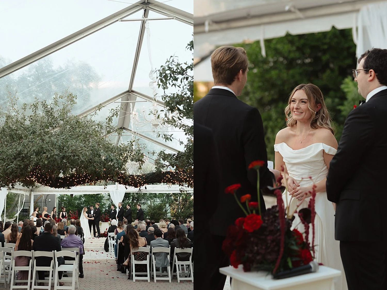  man and woman exchange vows with red flowers around them by Austin wedding photographer 