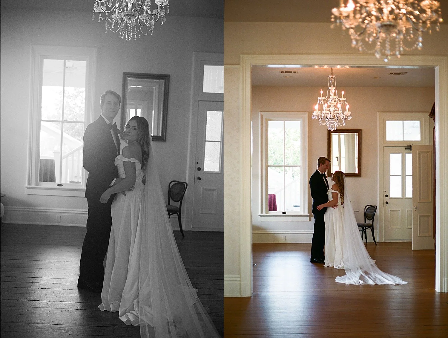  couple embraces in the front room of historic house by Austin wedding photographer 
