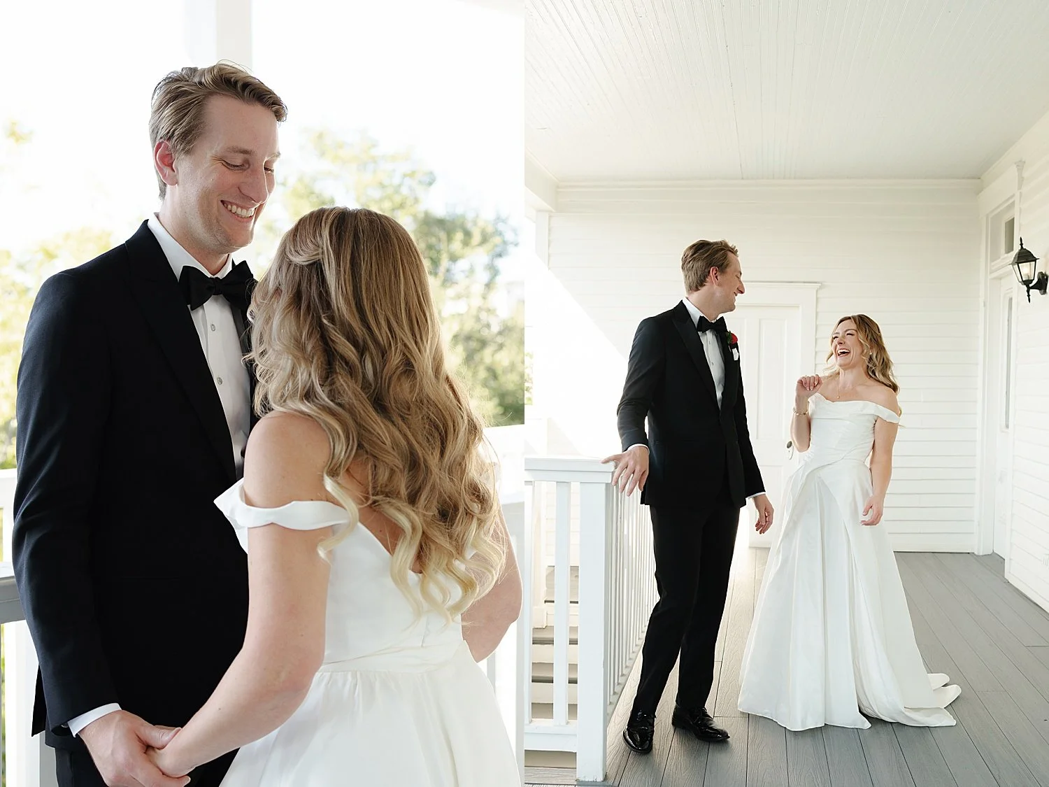  woman approaches man on wrap around porch for a first look by Austin wedding photographer 