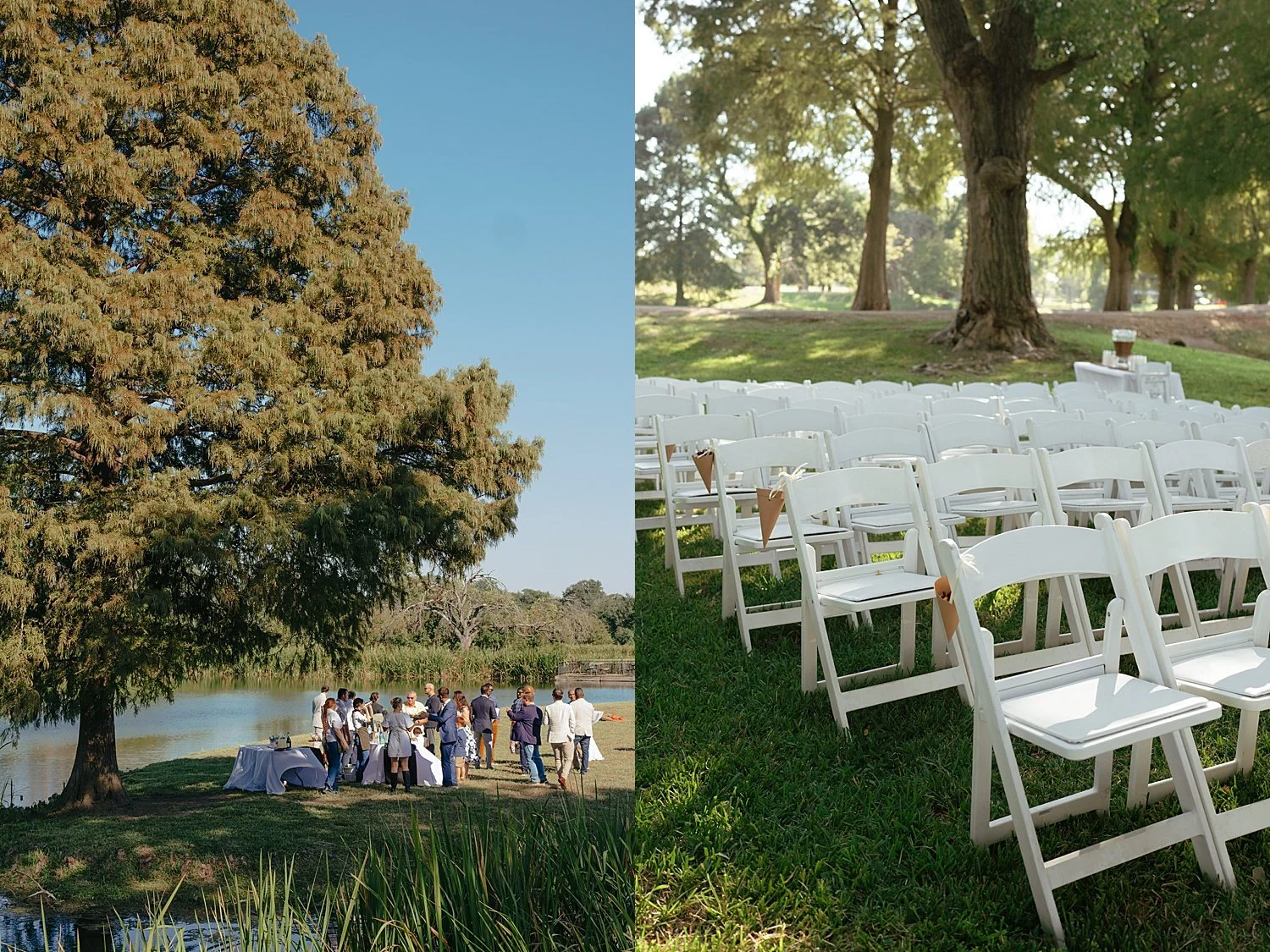  guests mingle before outdoor ceremony at Springs Lake Ranch in Waco, Texas 