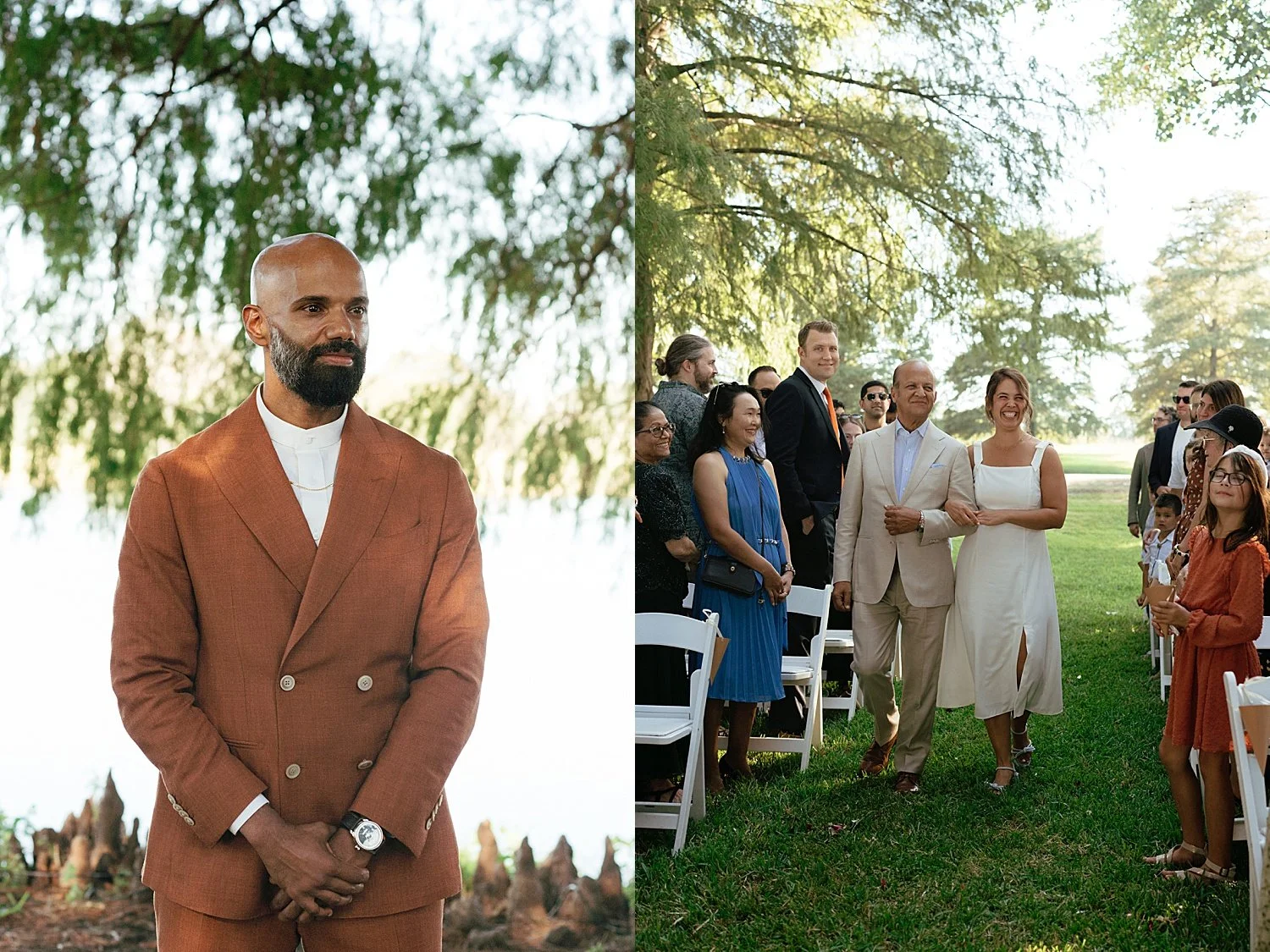  groom watches his bride walk down the outdoor aisle at Springs Lake Ranch 