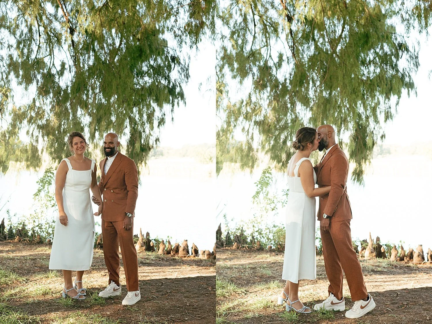  newlyweds share a kiss under a large tree at Springs Lake Ranch 