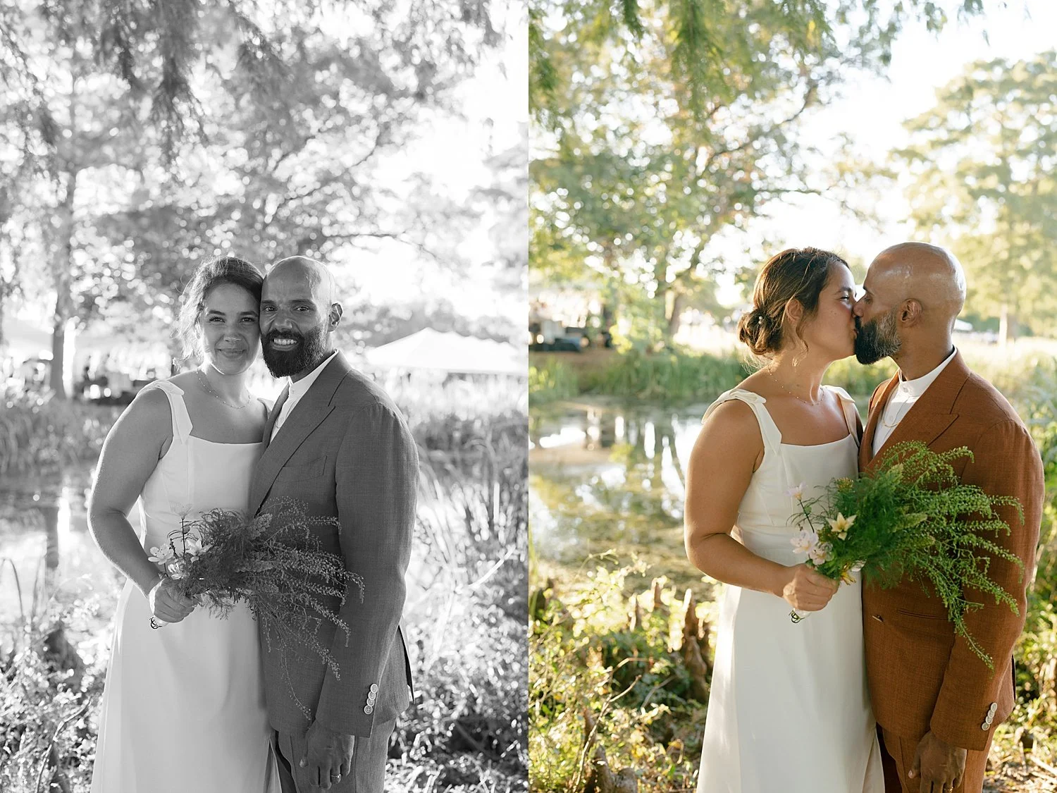  newlyweds share a kiss under big sweeping tree by Austin wedding photographer 