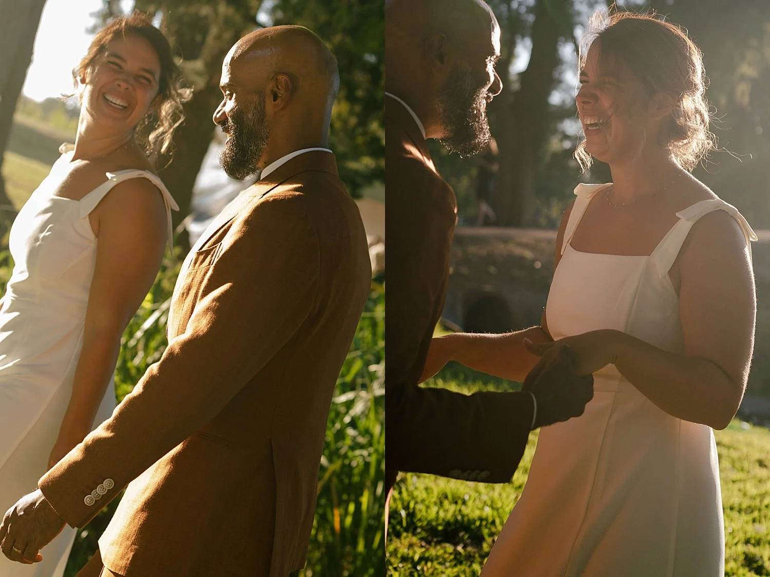  newlyweds walk together across the property at Springs Lake Ranch 