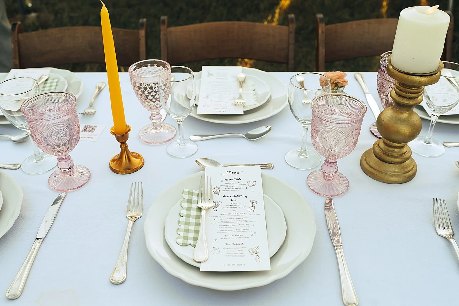  vintage inspired place settings on white table by Austin wedding photographer 