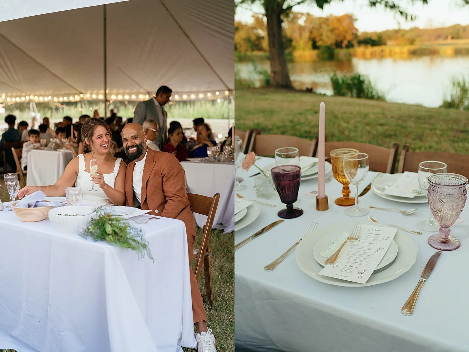  newlyweds sit at a table under tent at Springs Lake Ranch 