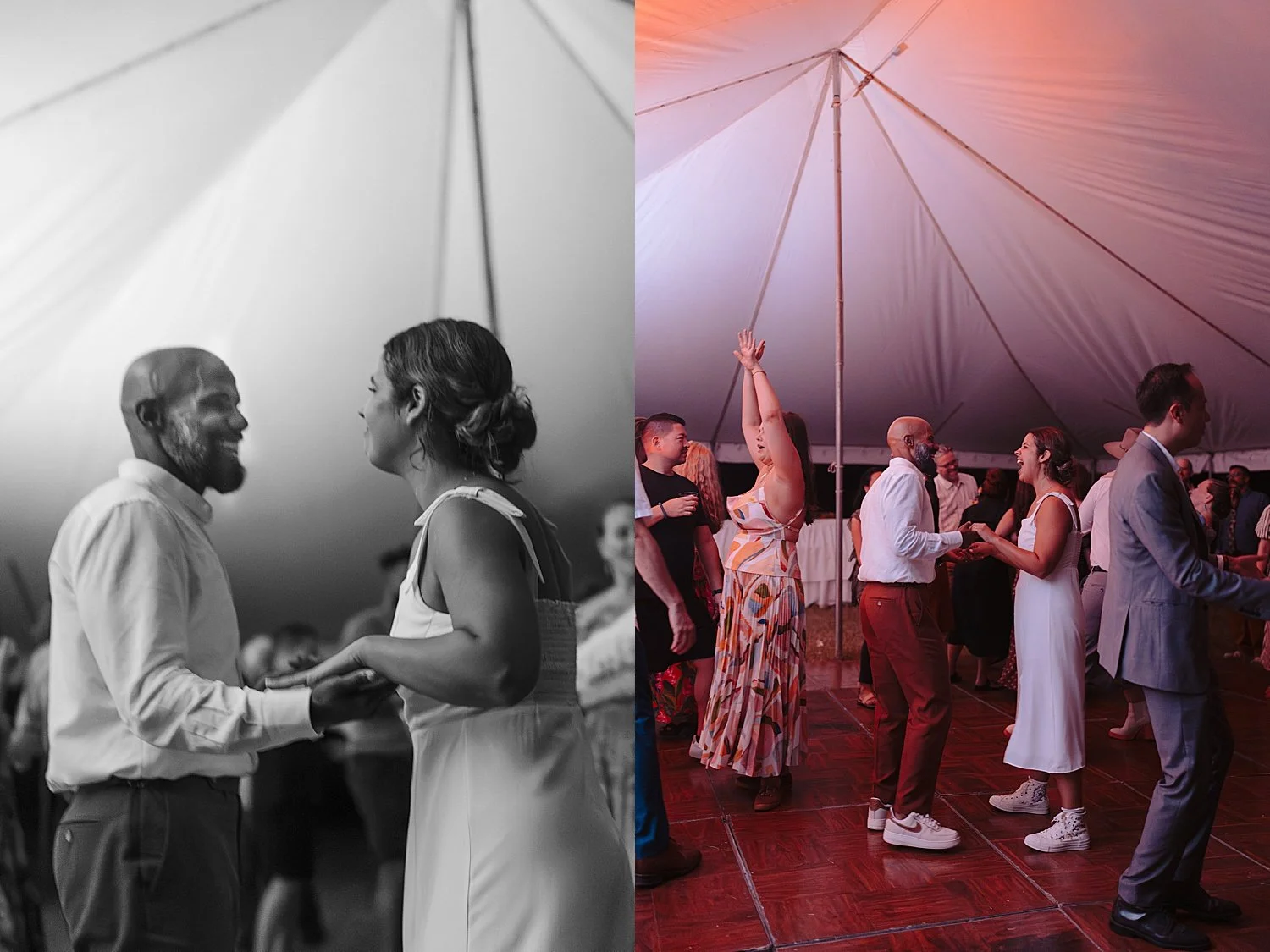  guests dancing under the tent for reception at Springs Lake Ranch 