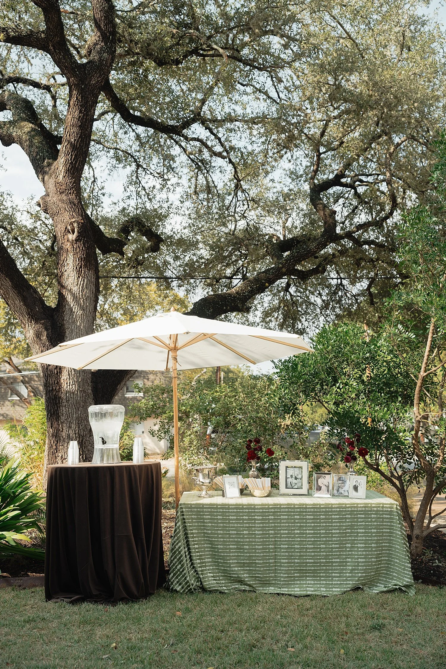  cocktail bar set up on lawn for guests by Austin wedding photographer 