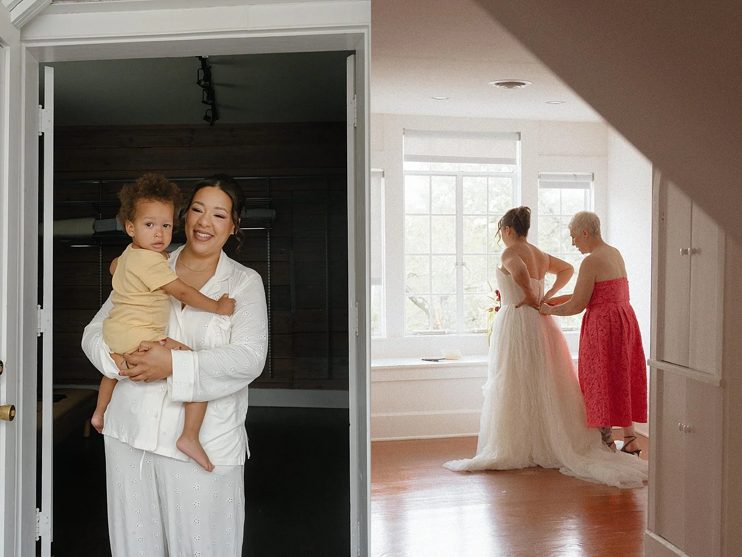  woman in pajamas holds small nephew before getting ready for her big day by Jessica Joseph Photography 