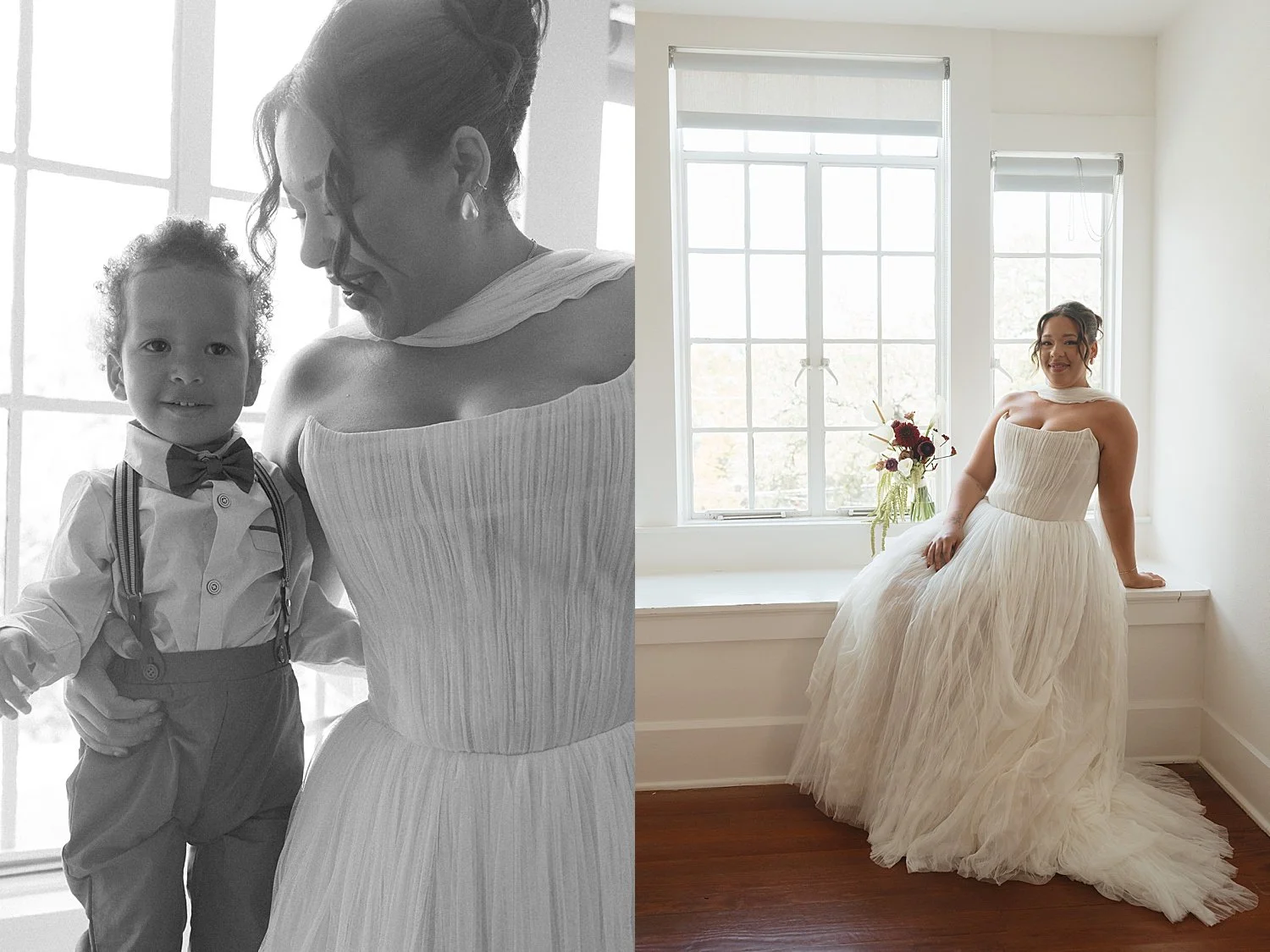  bride sits next to window with her toddler nephew by Austin wedding photographer 
