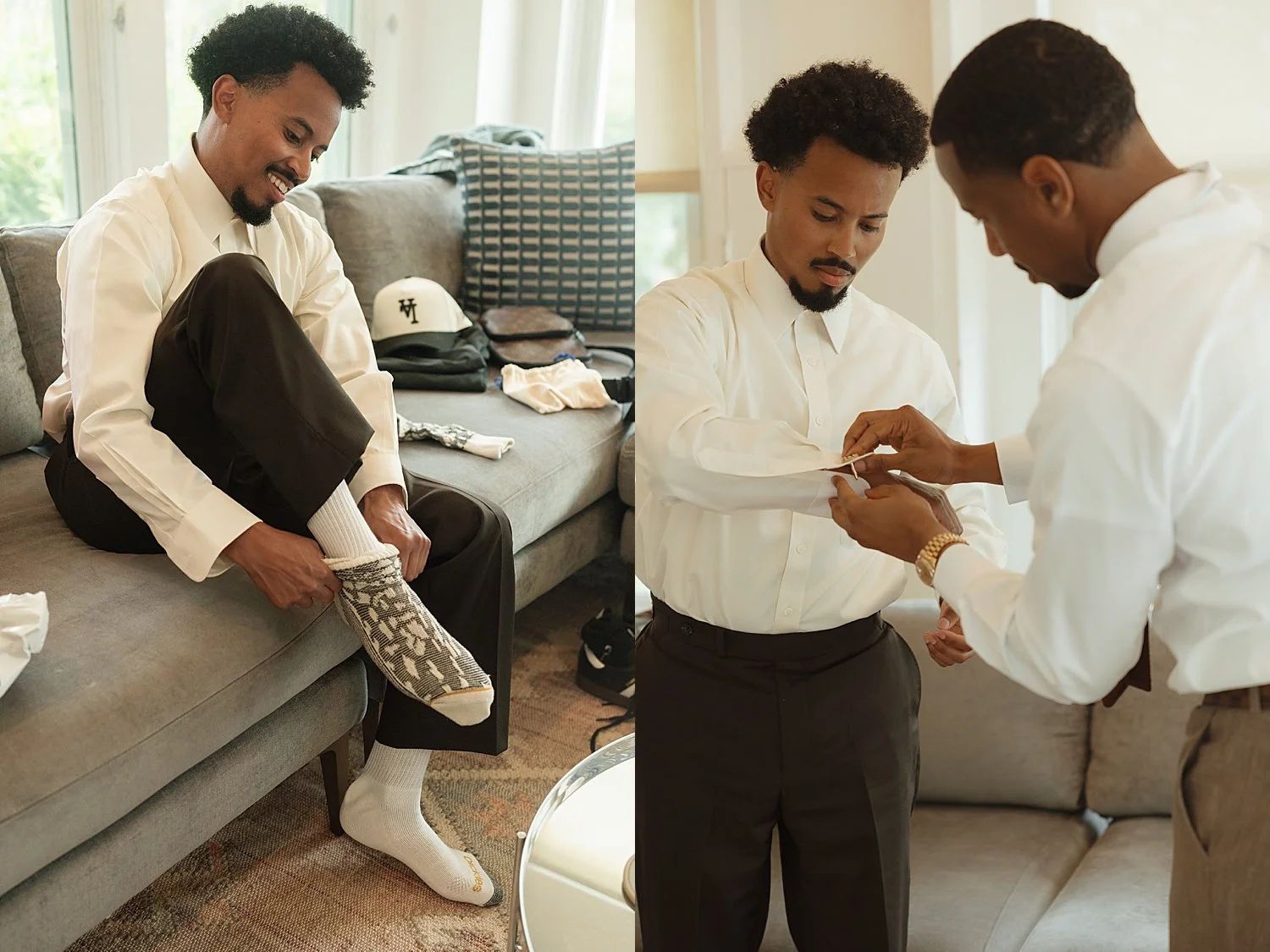  groom puts on socks to get ready for big day at The Caroline  