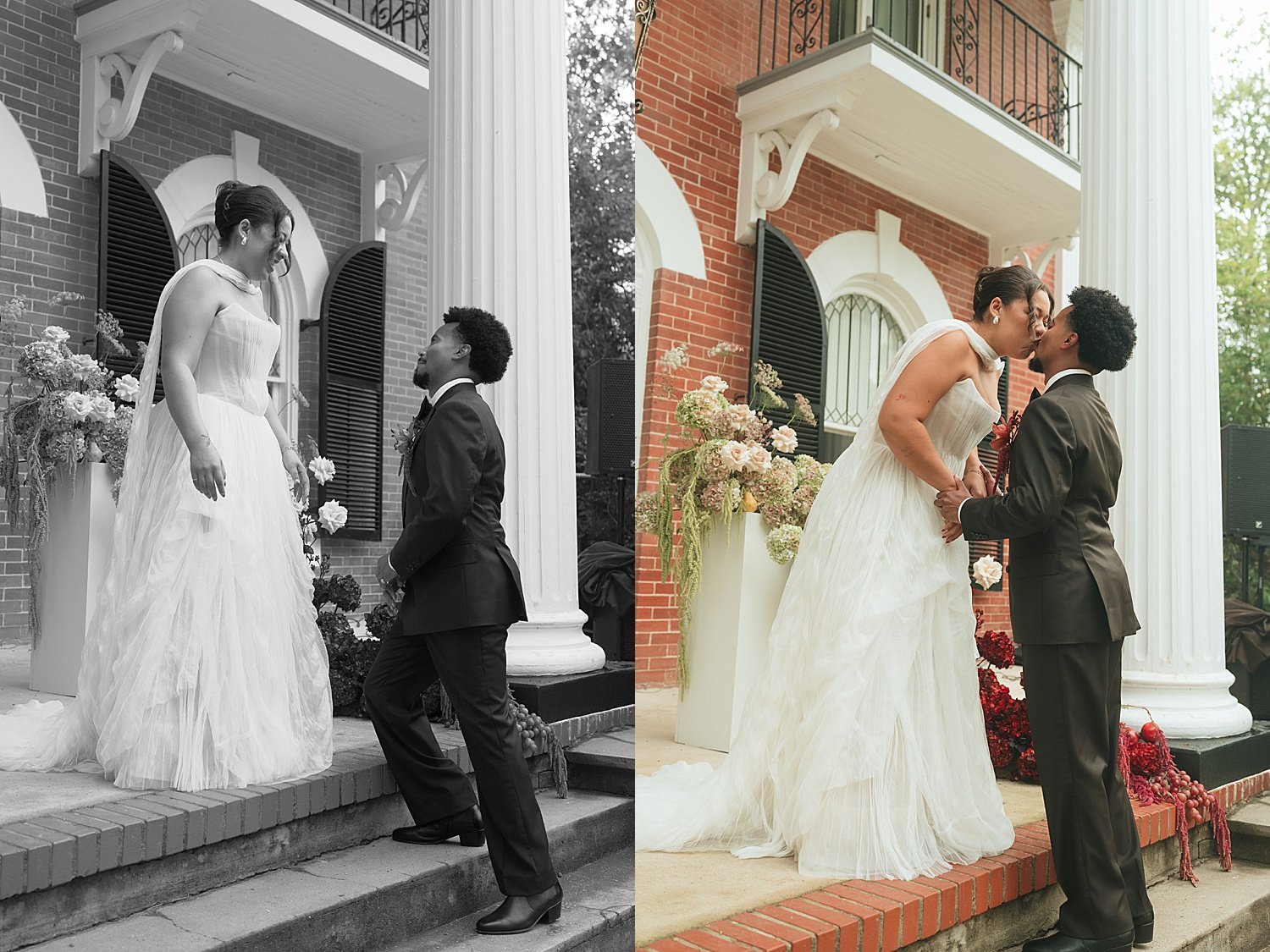  bride and groom share a kiss during first look on porch steps by Jessica Joseph Photography 