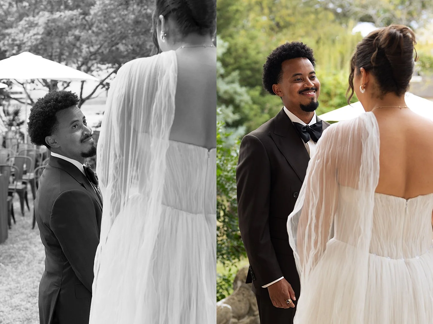  man turns around for first look on porch steps by Austin wedding photographer 