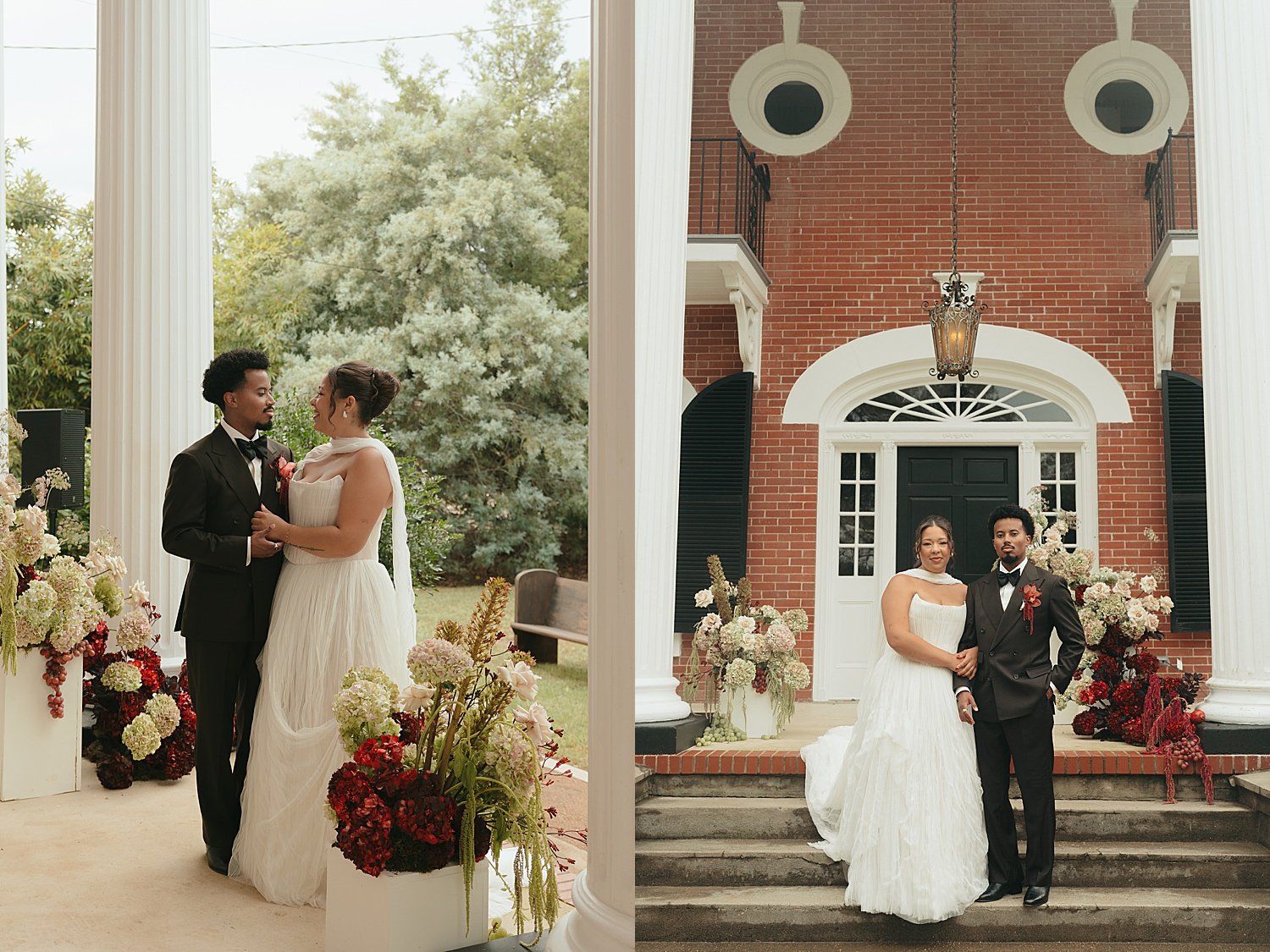  couple stand on front porch steps at The Caroline before saying I Do 