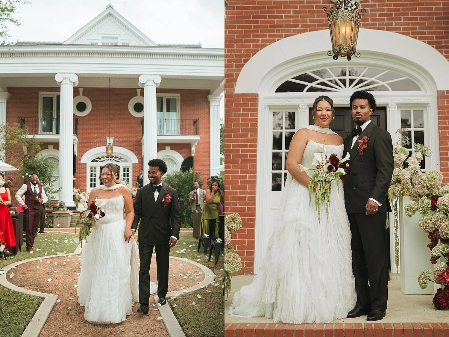  newlyweds exit outdoor ceremony in front of red house by Jessica Joseph Photography 
