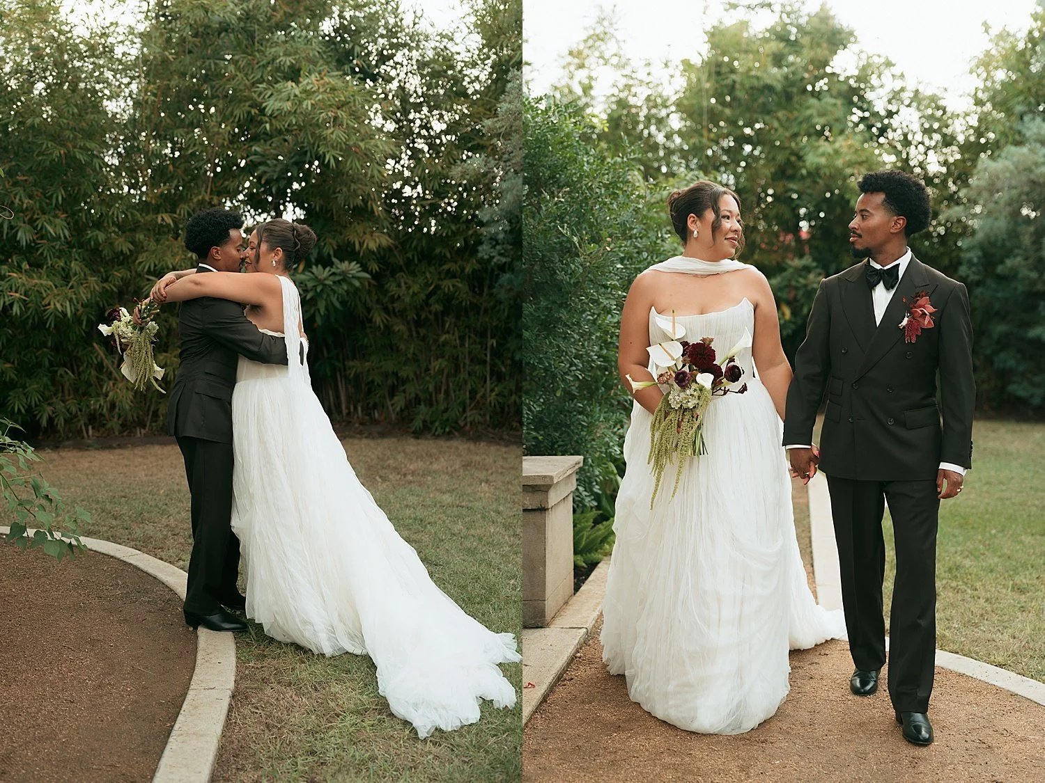  newlyweds walk down the garden path at The Caroline 
