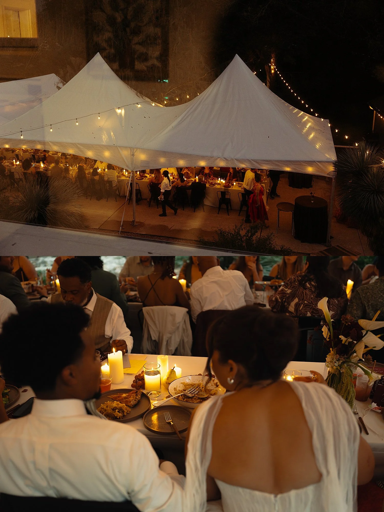  newlyweds watch their guests under tents at night at The Caroline 