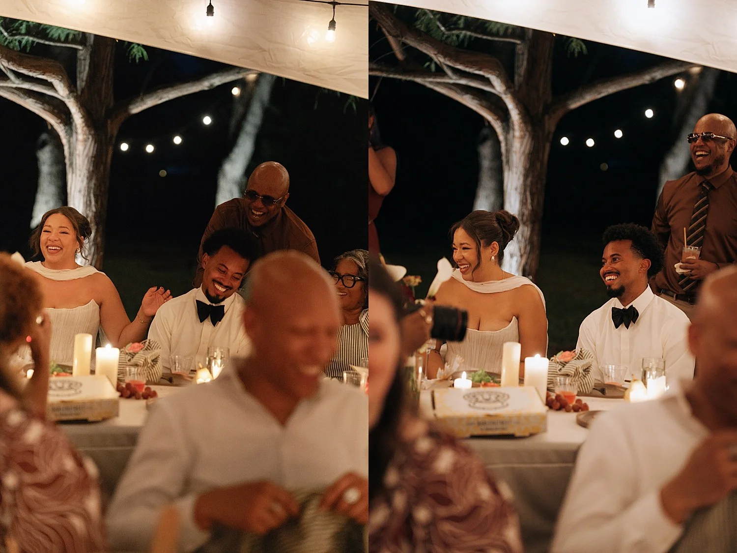  guests sit under tent on lawn in candlelight by Jessica Joseph Photography  