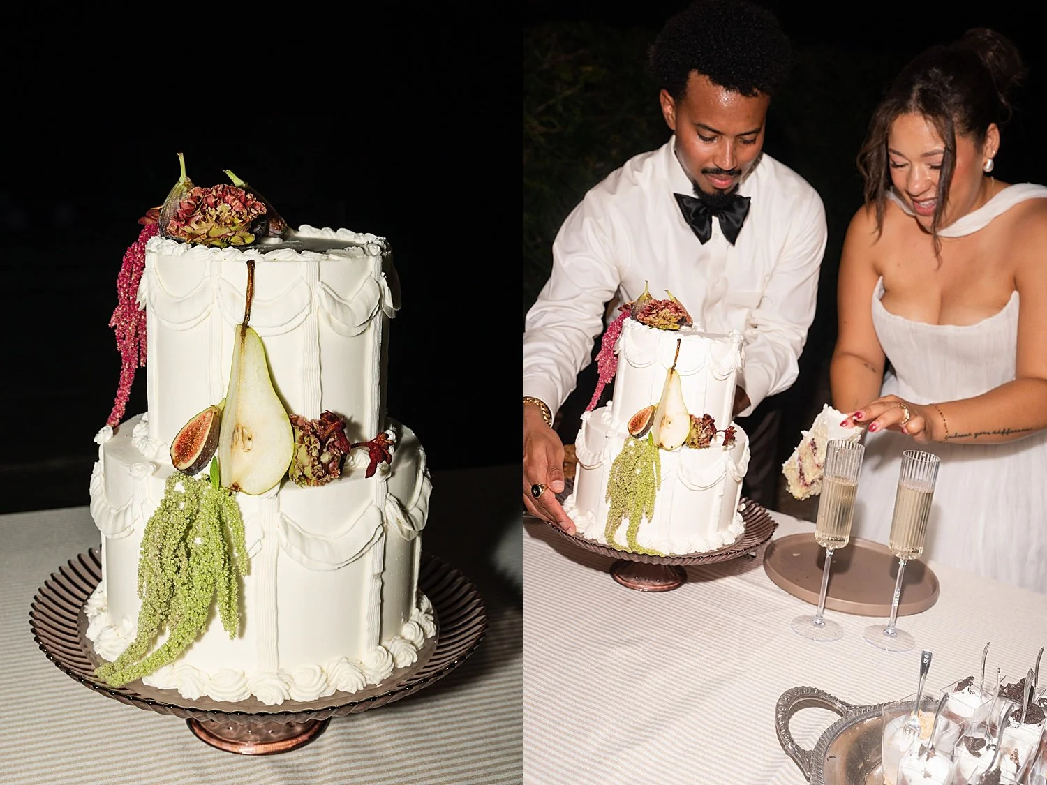  newlyweds cut their custom fig cake at reception at The Caroline 