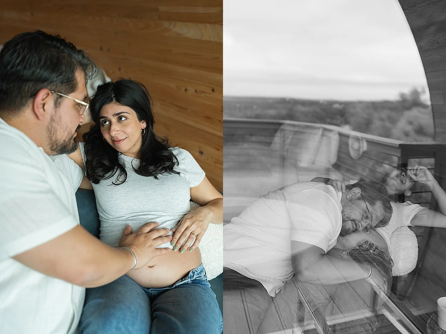  man snuggles his wife’s expecting belly on couch for their babymoon photo session 
