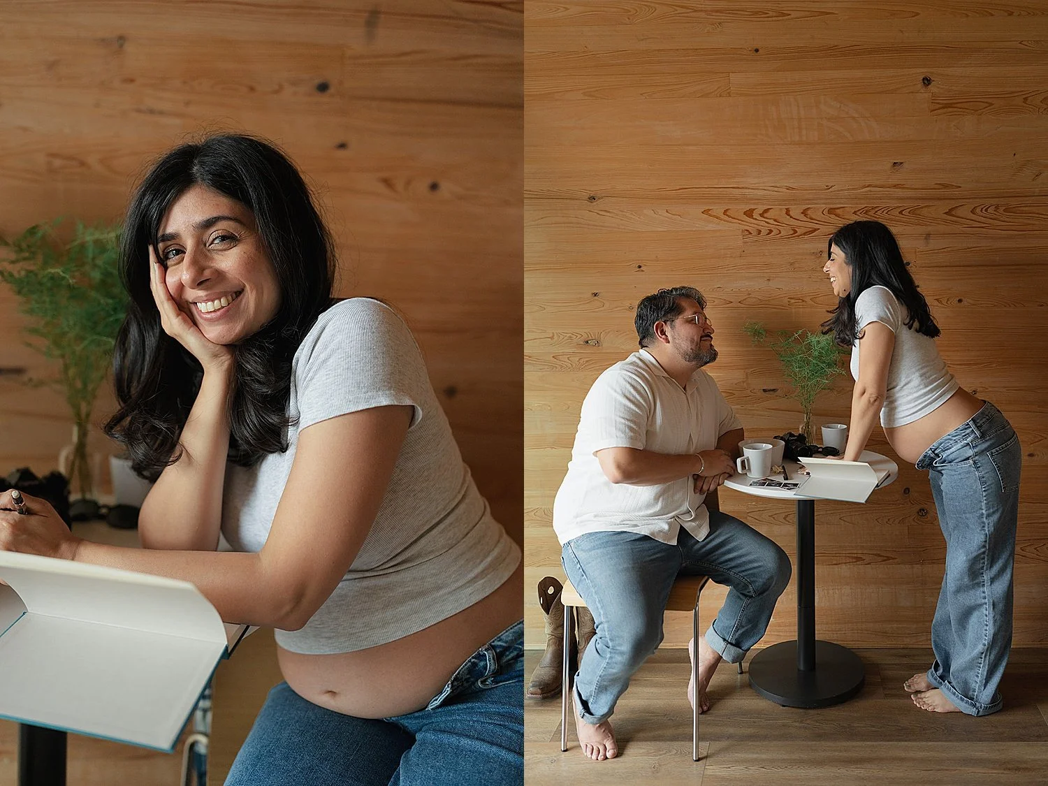  woman leans over table to talk with her man for their babymoon photo session 