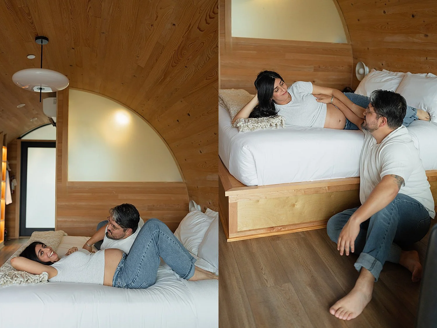  pregnant woman lies on bed to talk with her husband for their babymoon photo session 