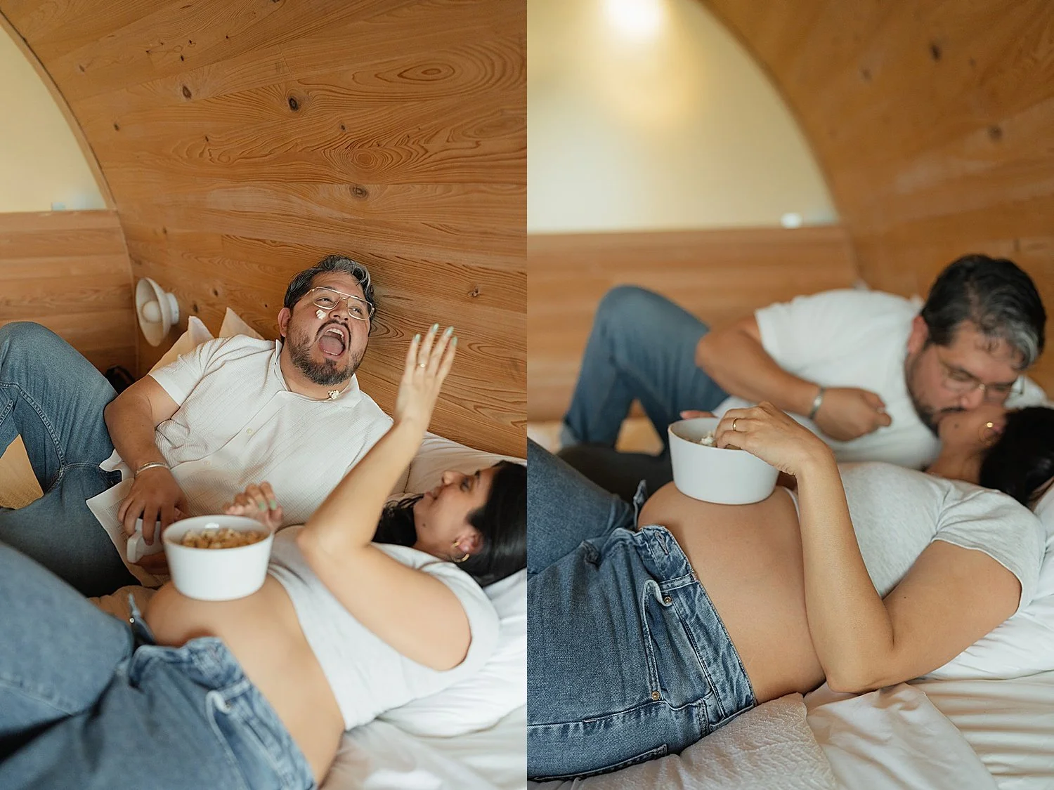  couple lies in bed drinking coffee for their maternity babymoon photo session 